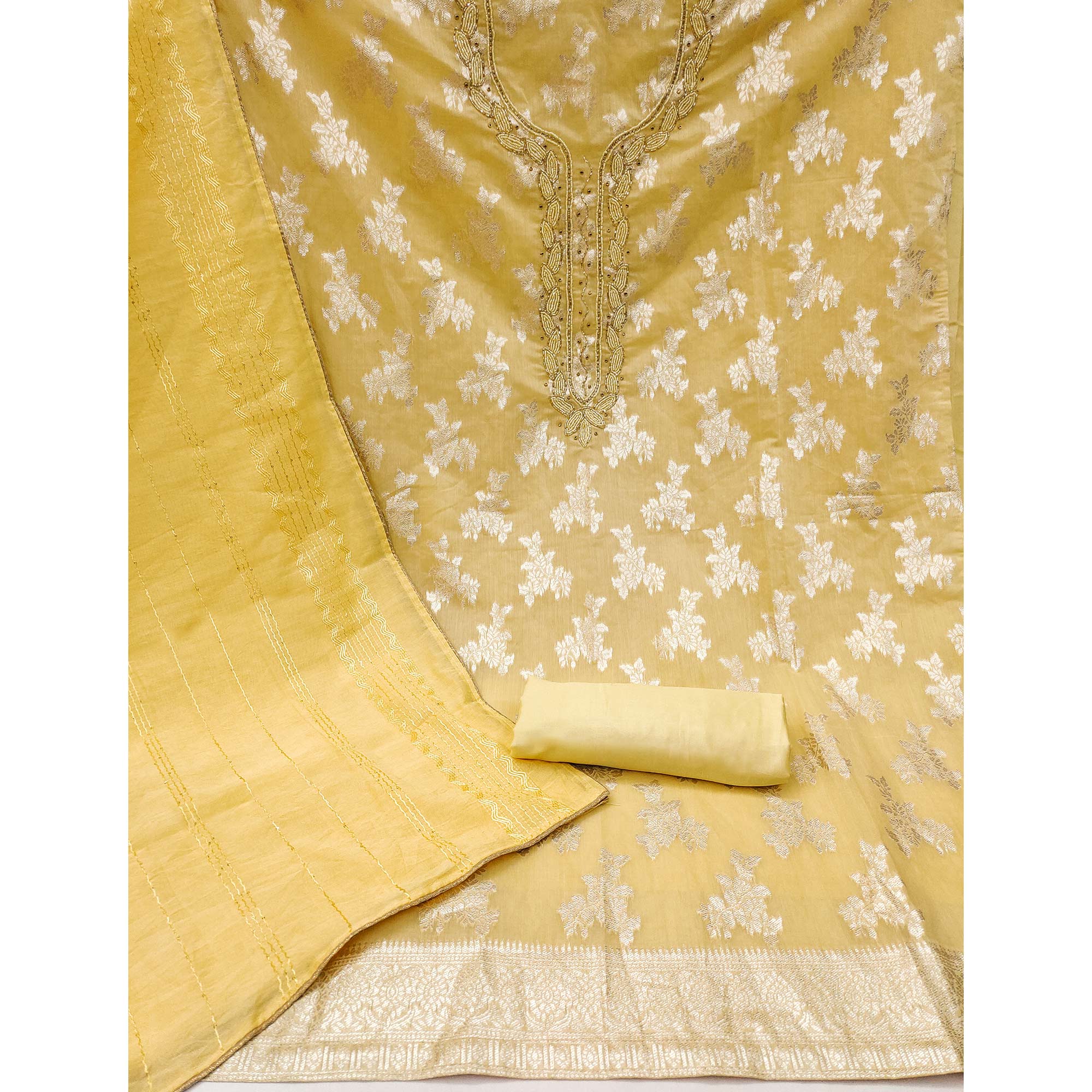 Yellow Woven With Handwork Banarasi Silk Dress Material