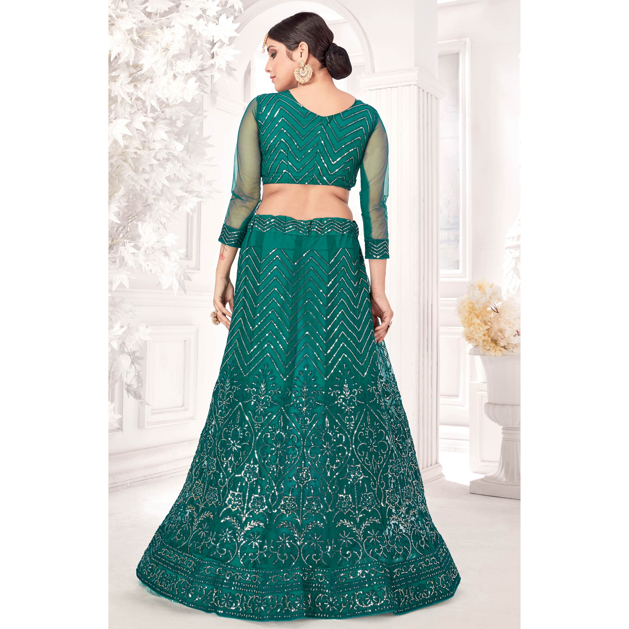 Rama Green Sequins Embroidered Netted Lehenga Choli