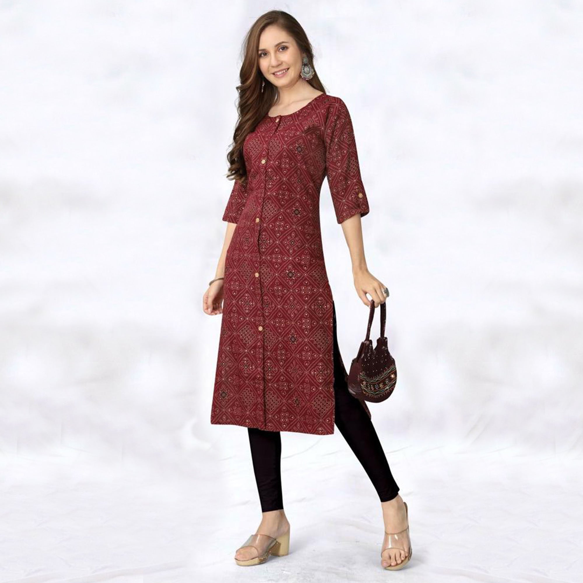 Maroon Foil Printed Rayon Kurti