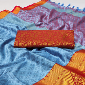 Sky Blue Woven Cotton Silk Saree With Tassels