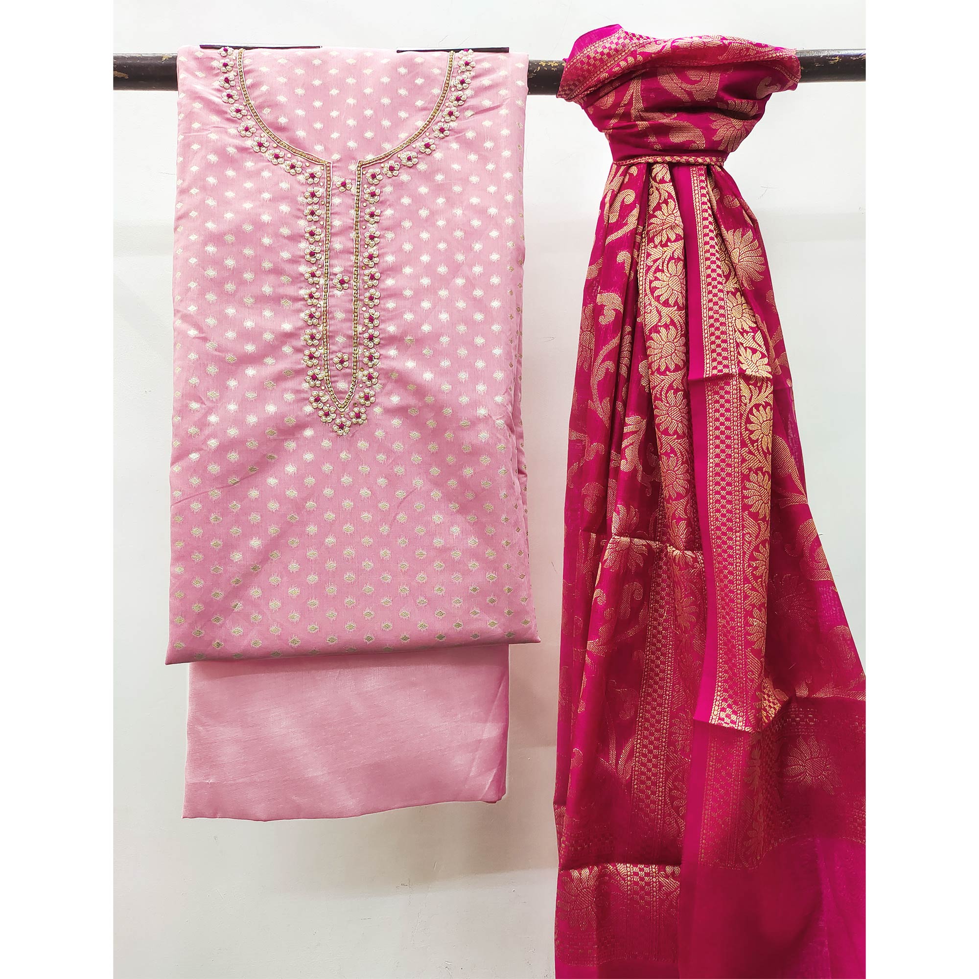 Pink Woven Banarasi Silk Dress Material