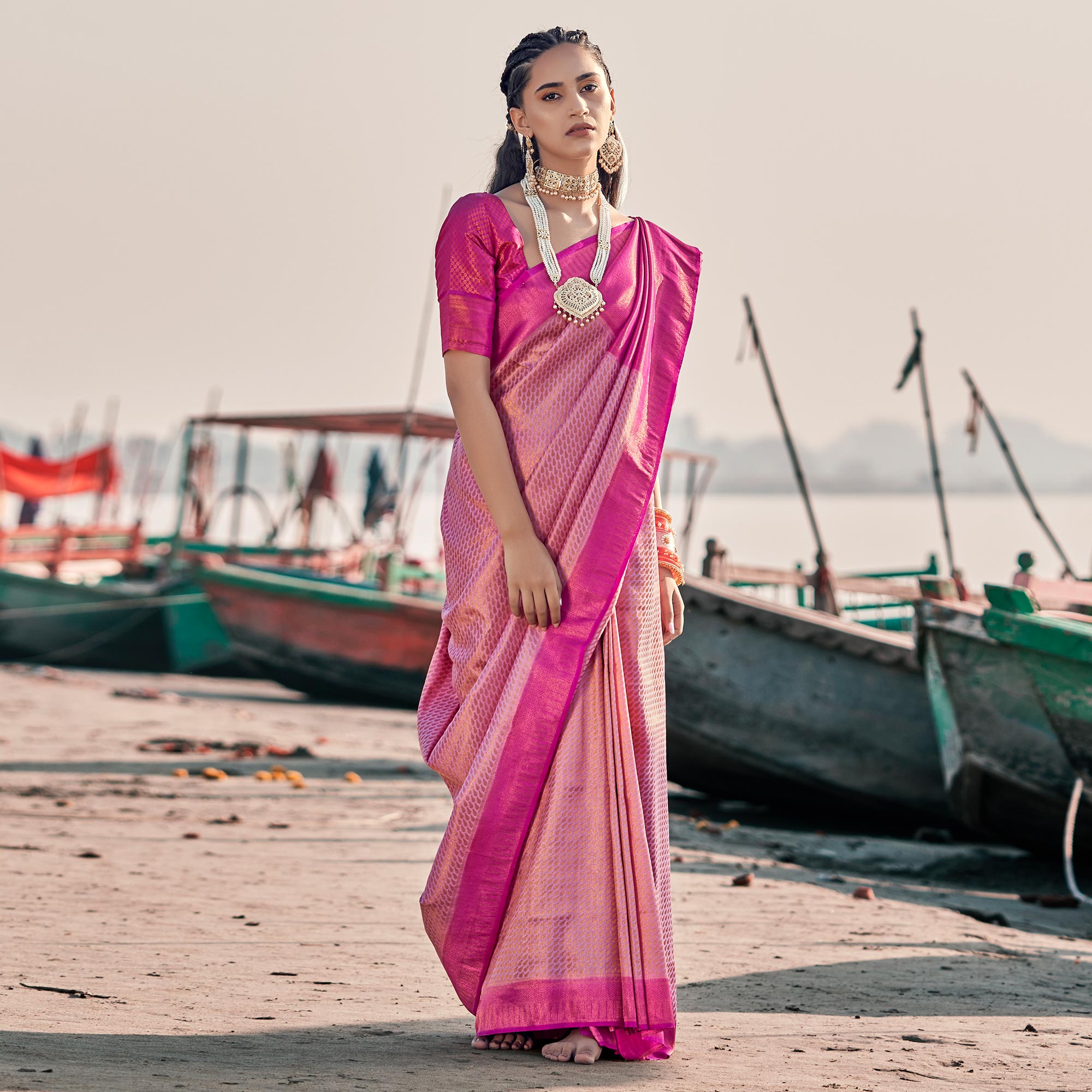 Pink Woven Art Silk Saree