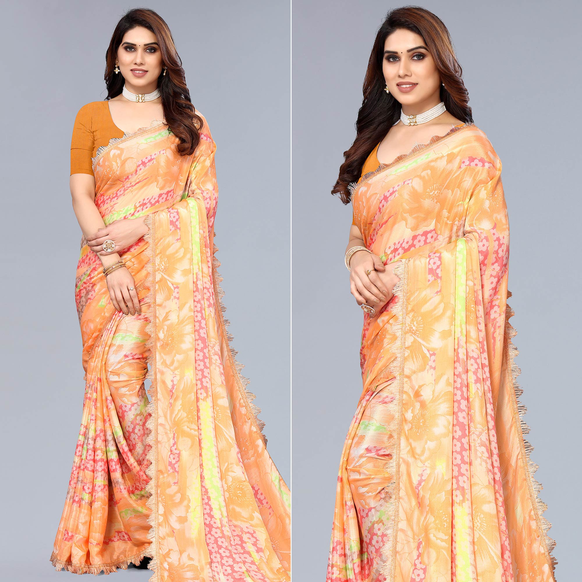 Orange Floral Printed Art Silk Saree With Crochet Border