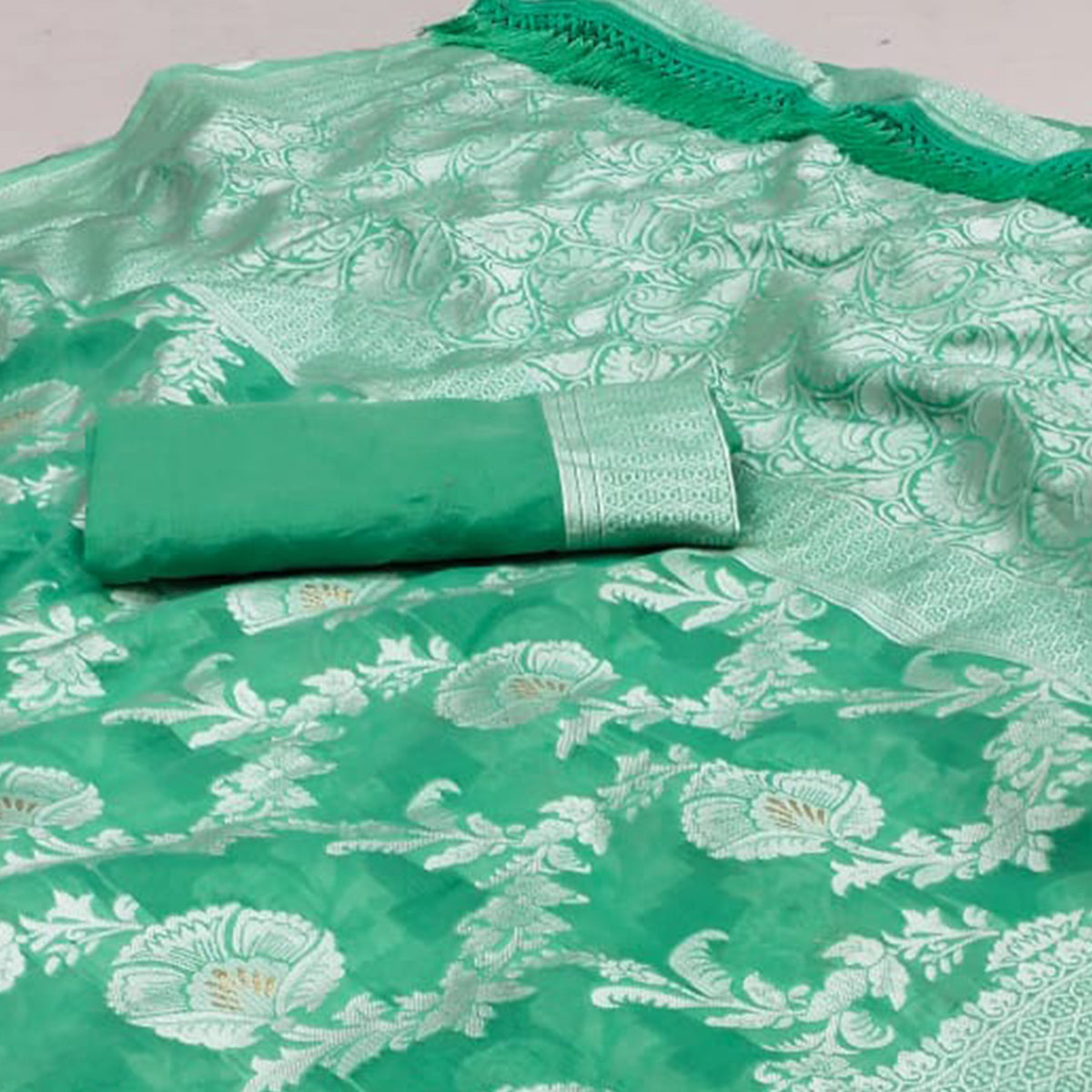 Sea Green Woven Cotton Blend Saree With Tassels