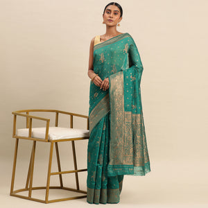 Turquoise Green Woven Organza Saree