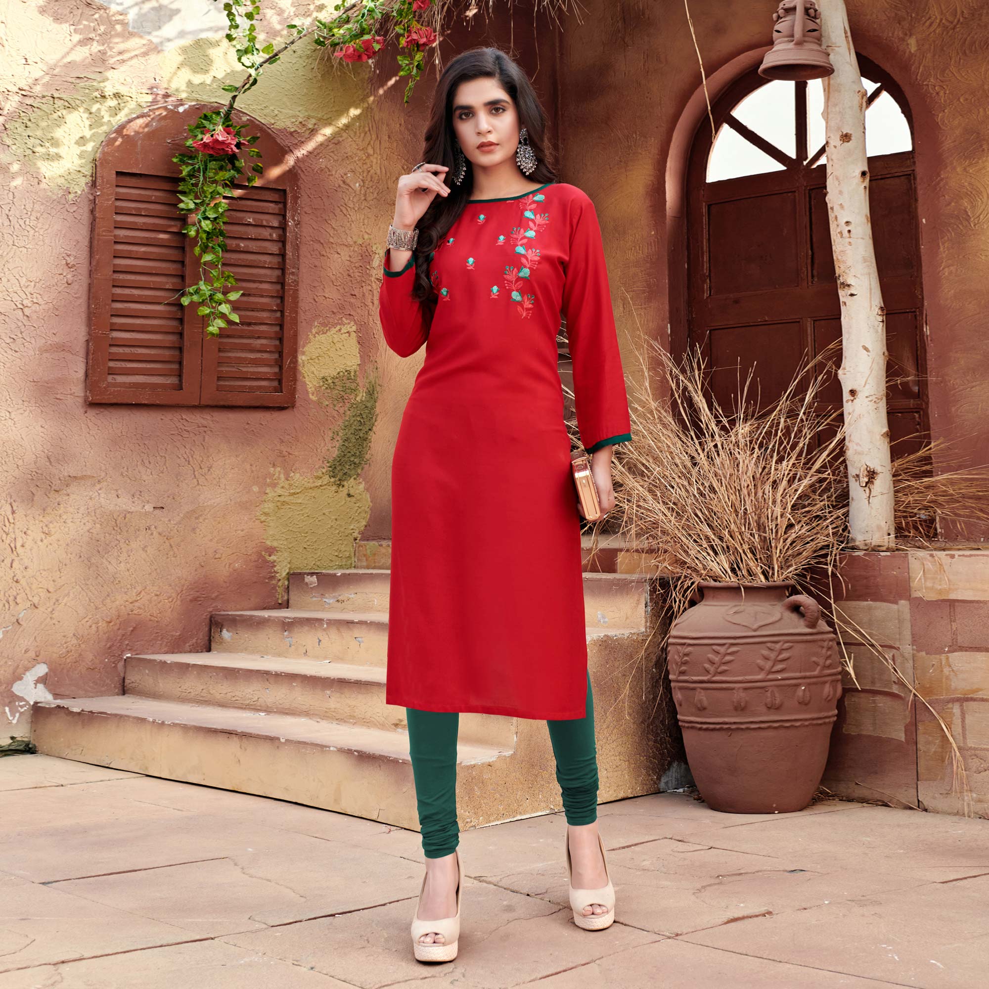 Red Floral Embroidered Rayon Kurti