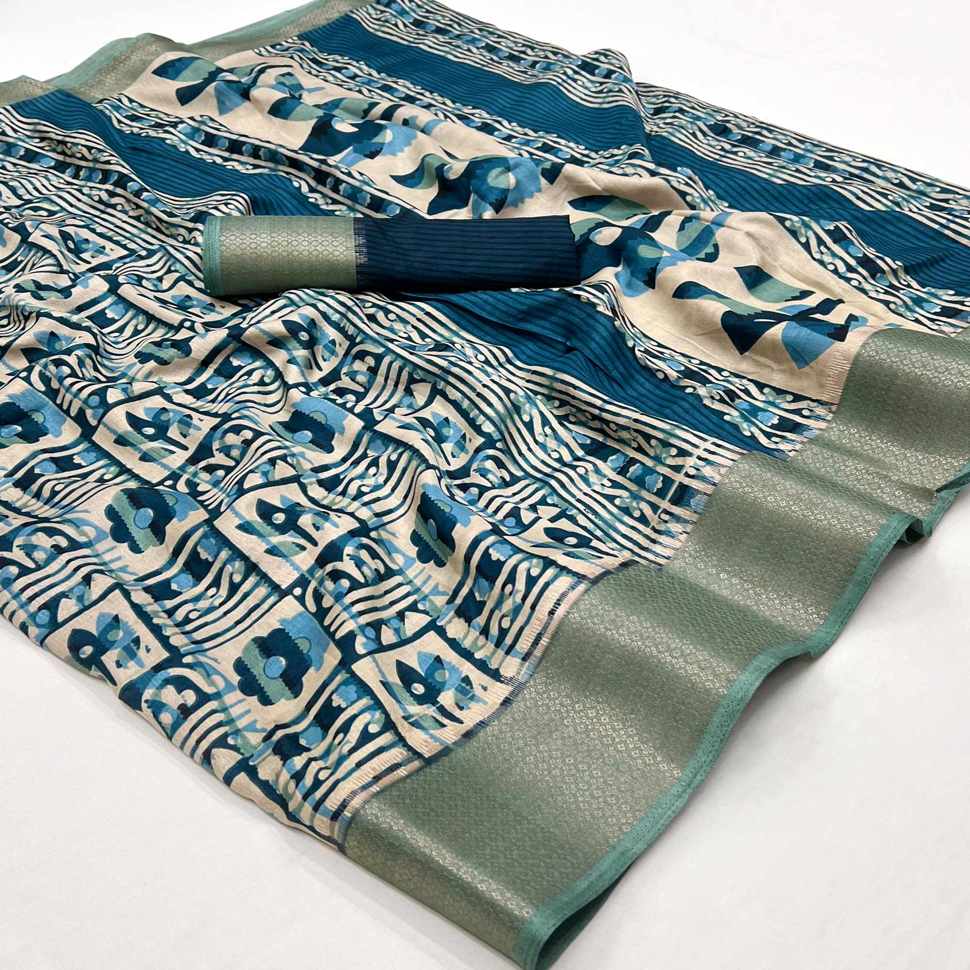 Blue Printed With Woven Border Dola Silk Saree