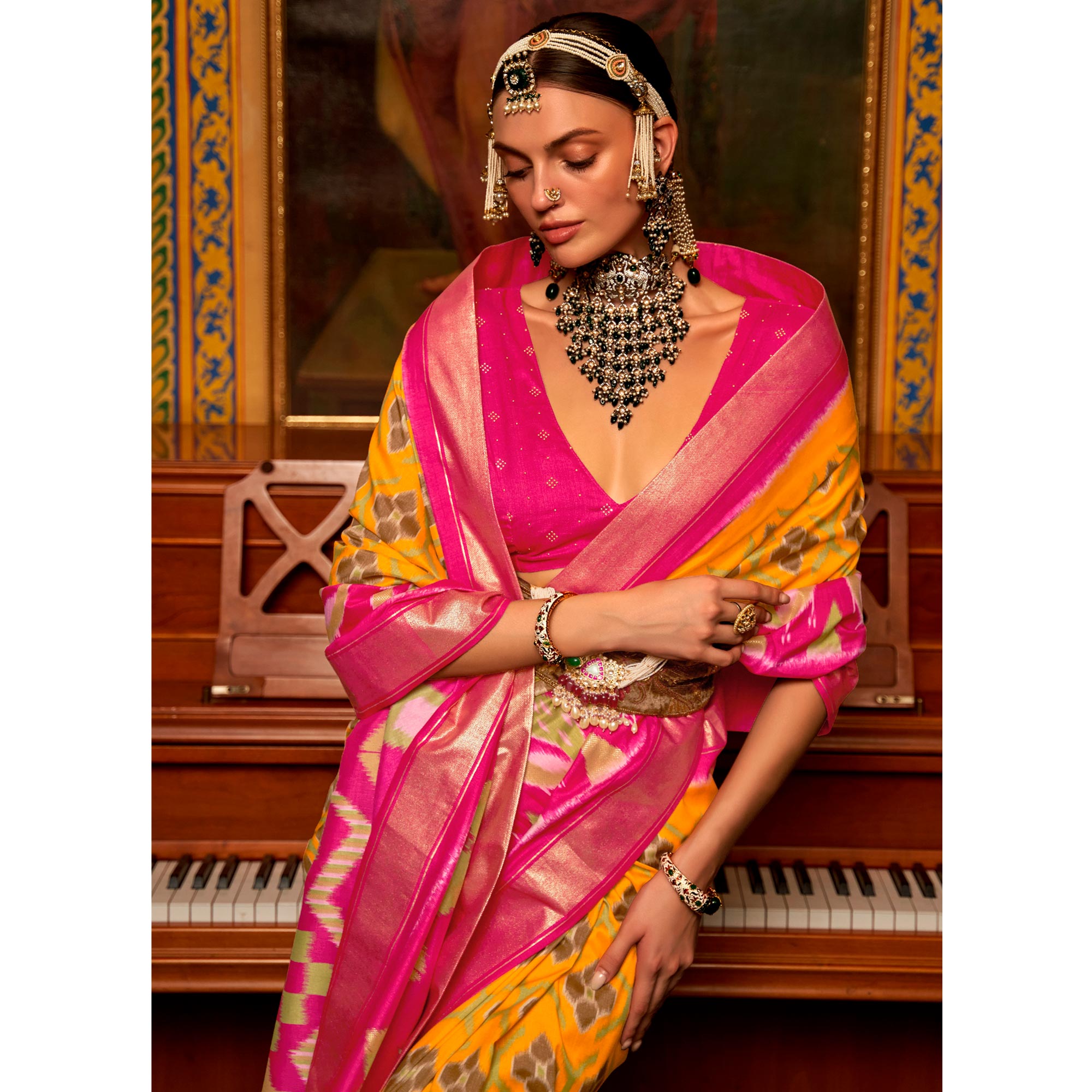 Yellow & Rose Pink Printed Art Silk Saree