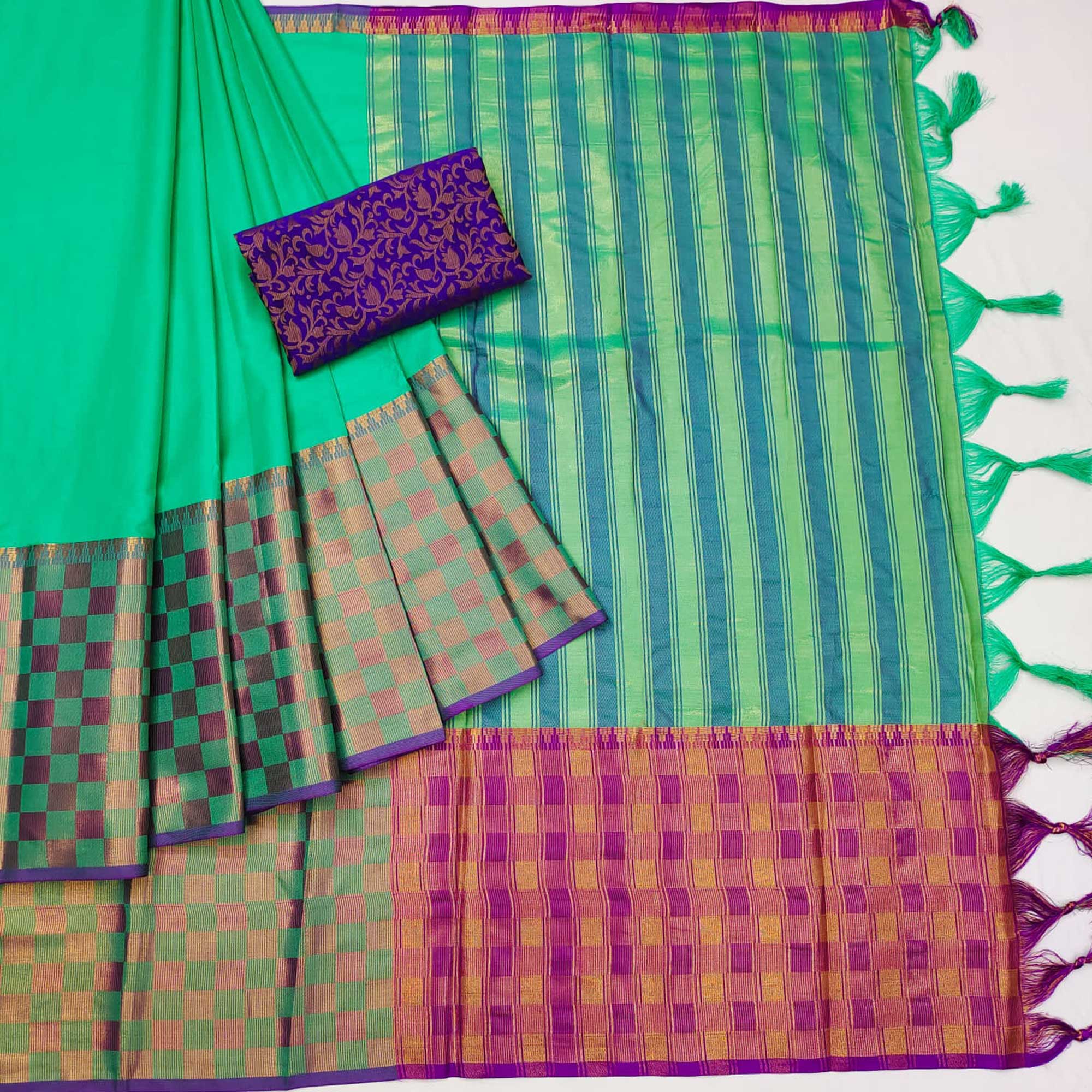 Turquoise Woven Cotton Silk Saree With Tassels