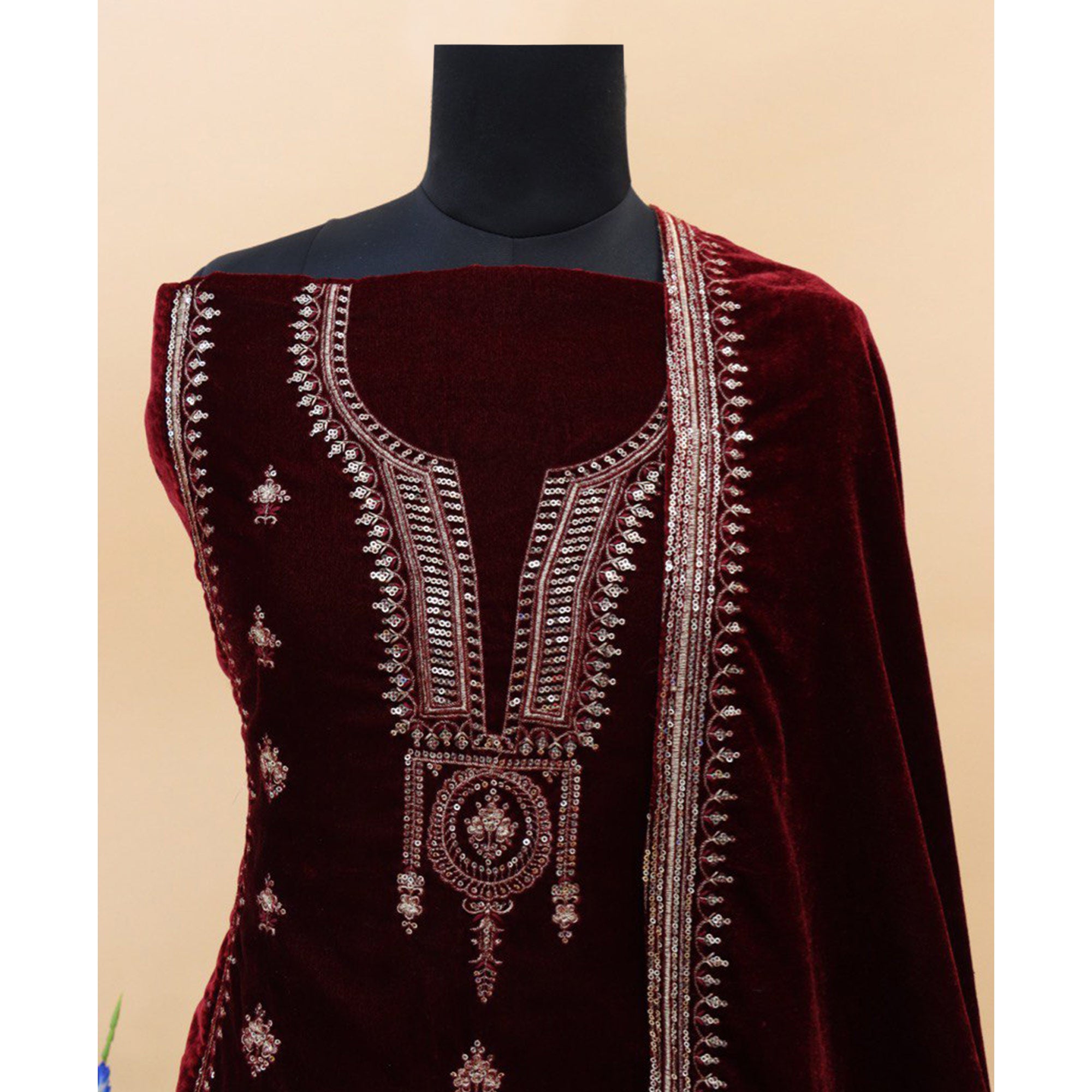 Maroon Embroidered Velvet Pakistani Suit