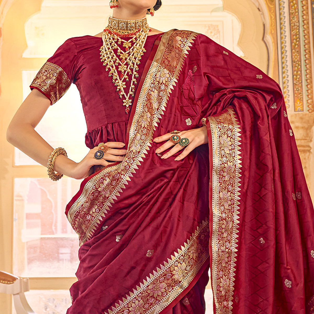 Maroon Woven Satin Saree