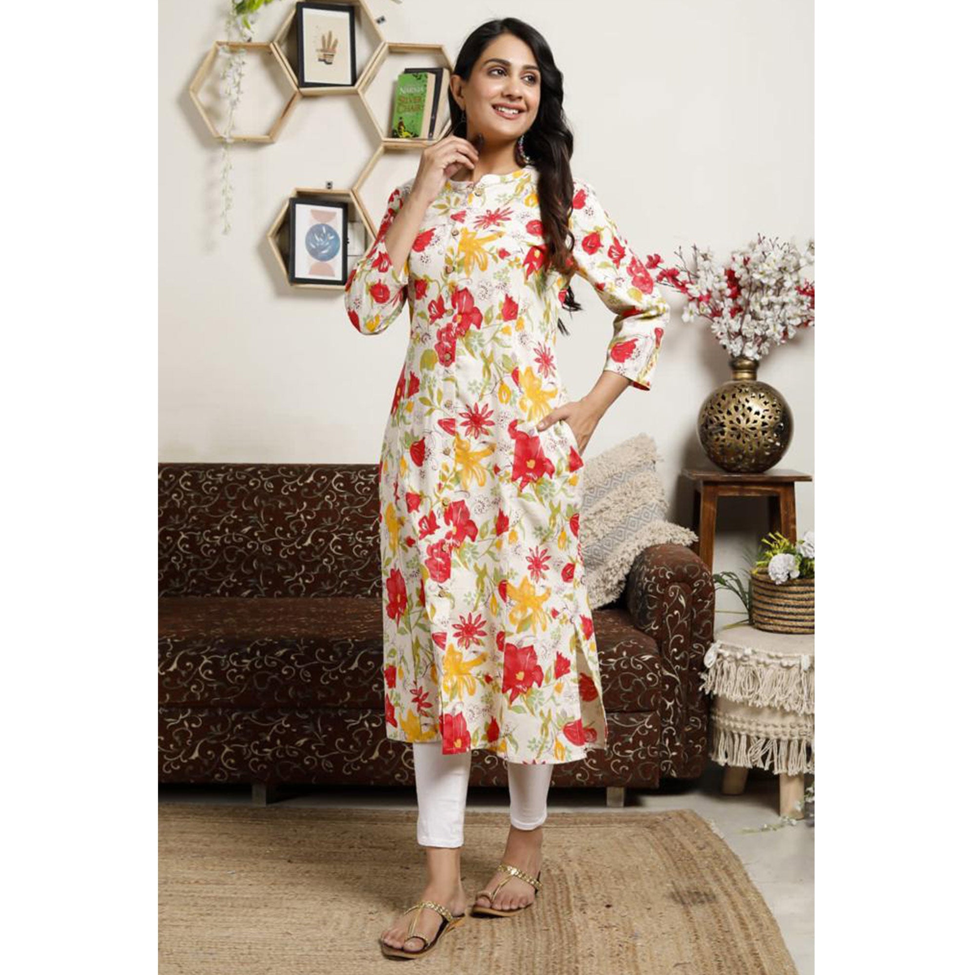 White Pink Floral Printed Cotton Kurti