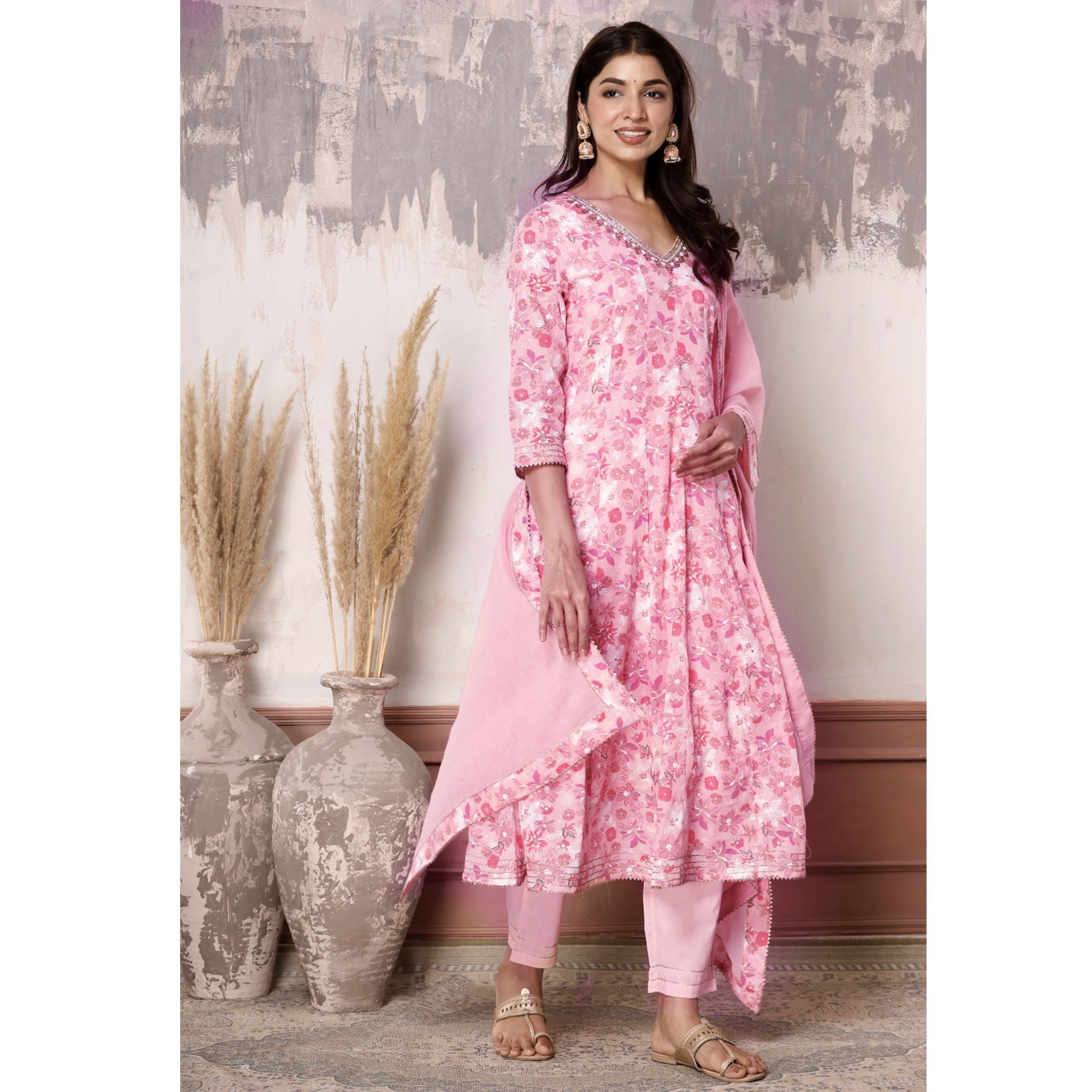 Peach Floral Printed Pure Cotton Anarkali Suit