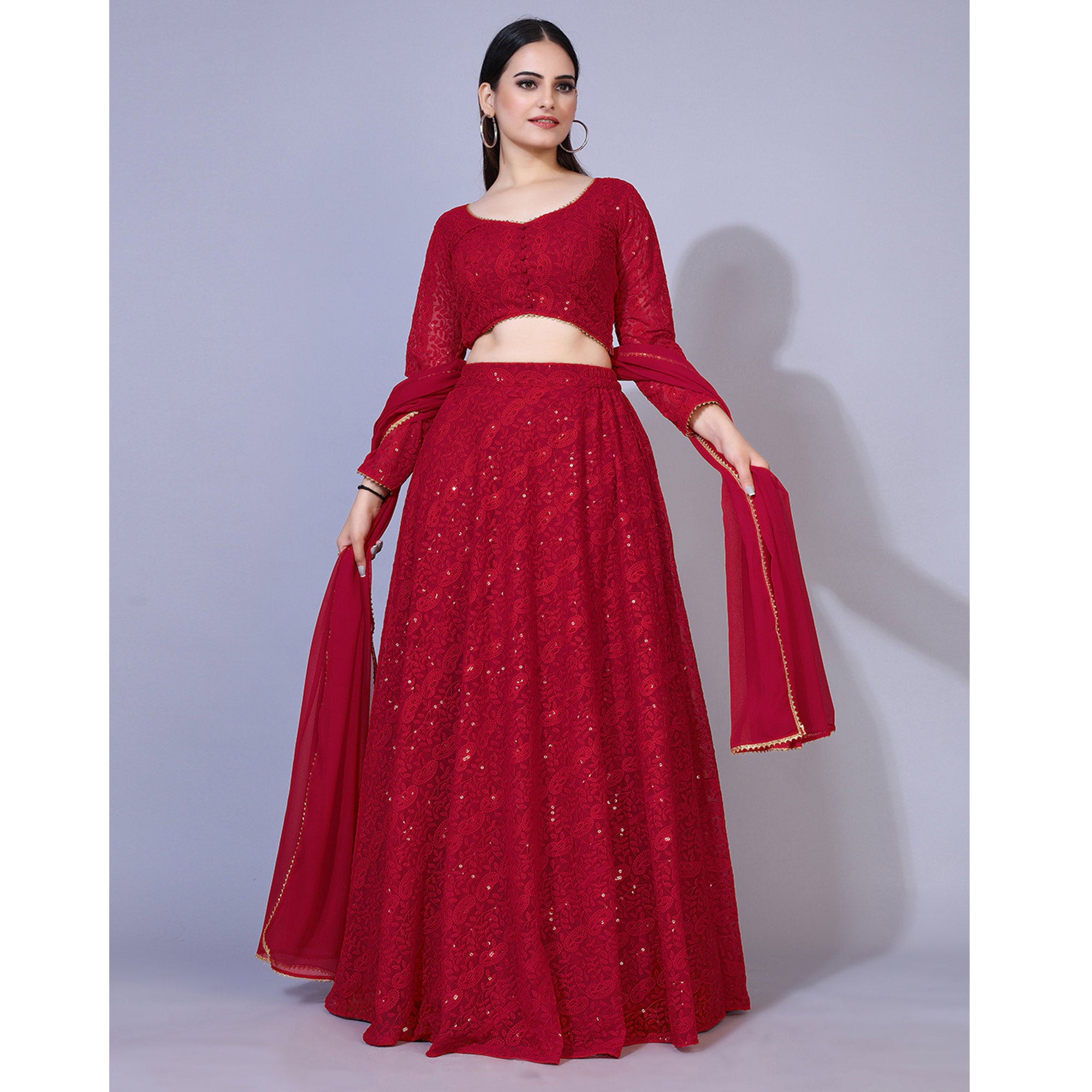 Dark Red Lucknowi Chikankari Work Georgette Lehenga Choli