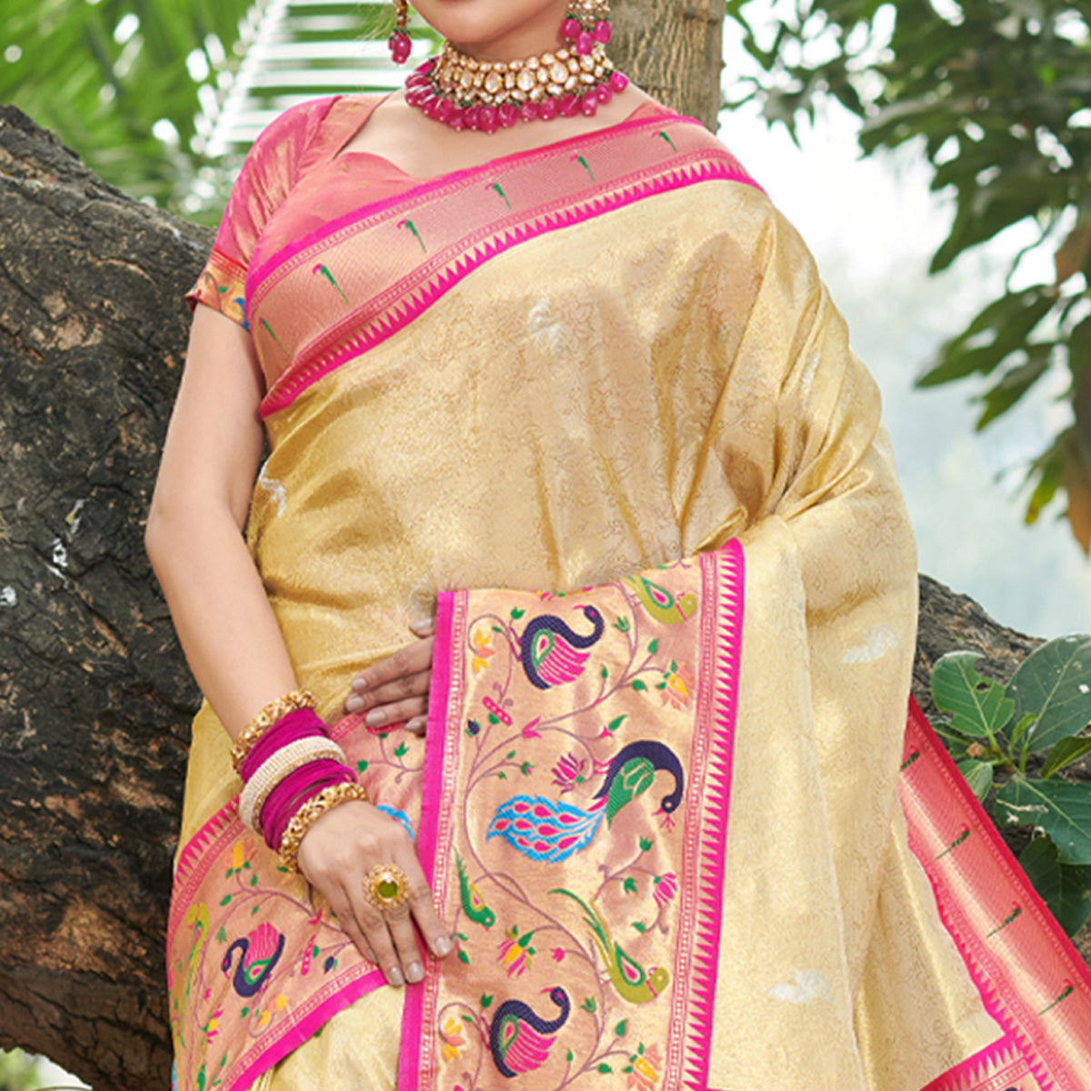 Cream Woven Art Silk Paithani Saree With Tassels