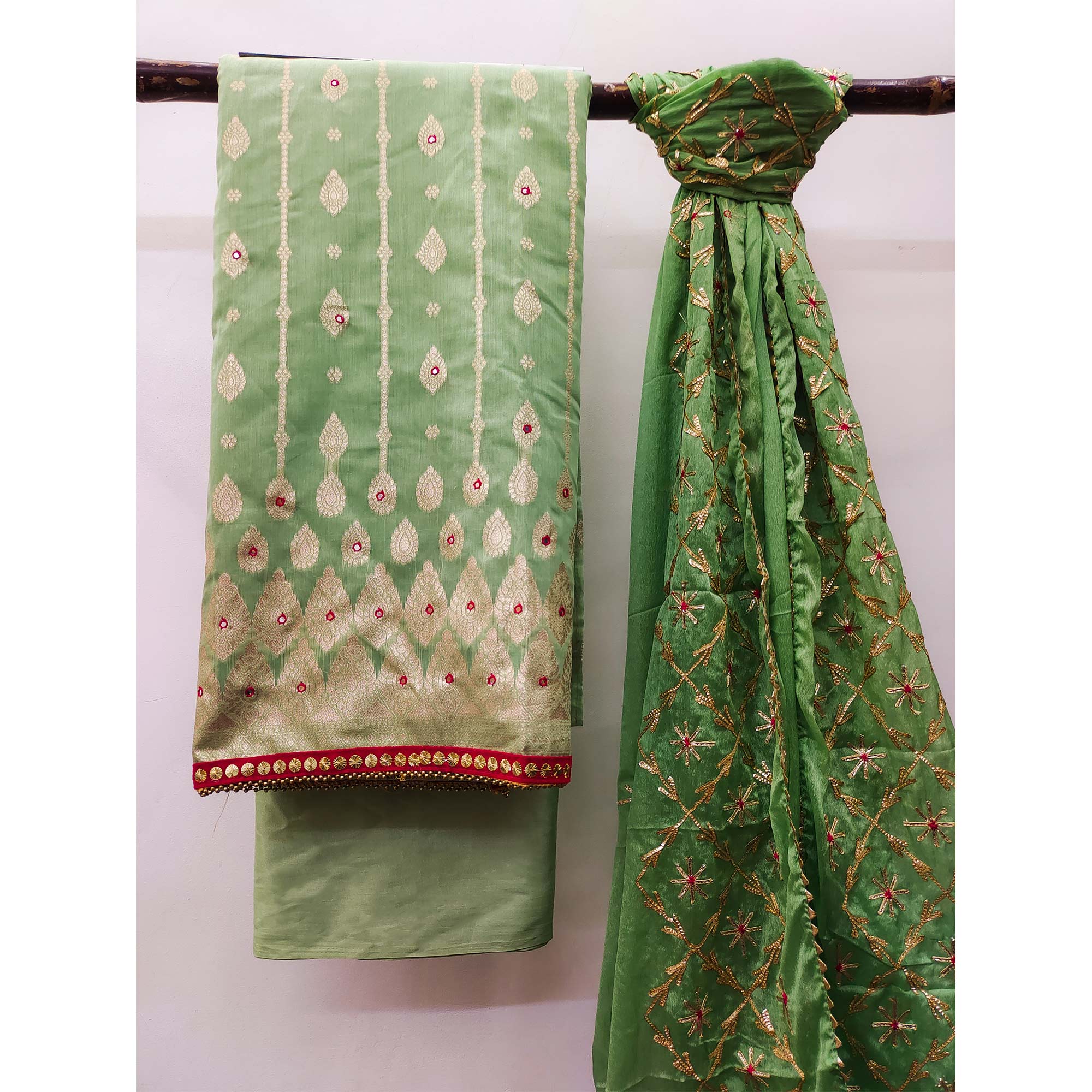 Green Woven Banarasi Silk Dress Material