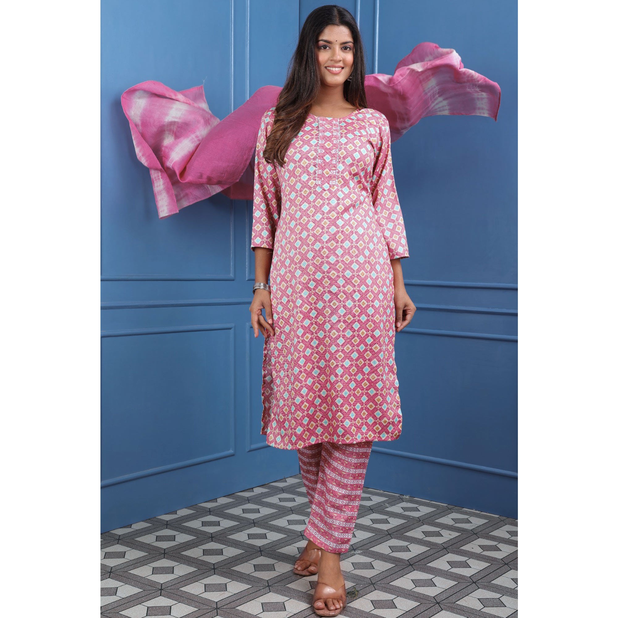 Pink Foil Printed Rayon Suit