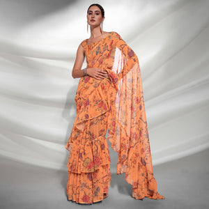 Orange Floral Printed Georgette Frill Saree