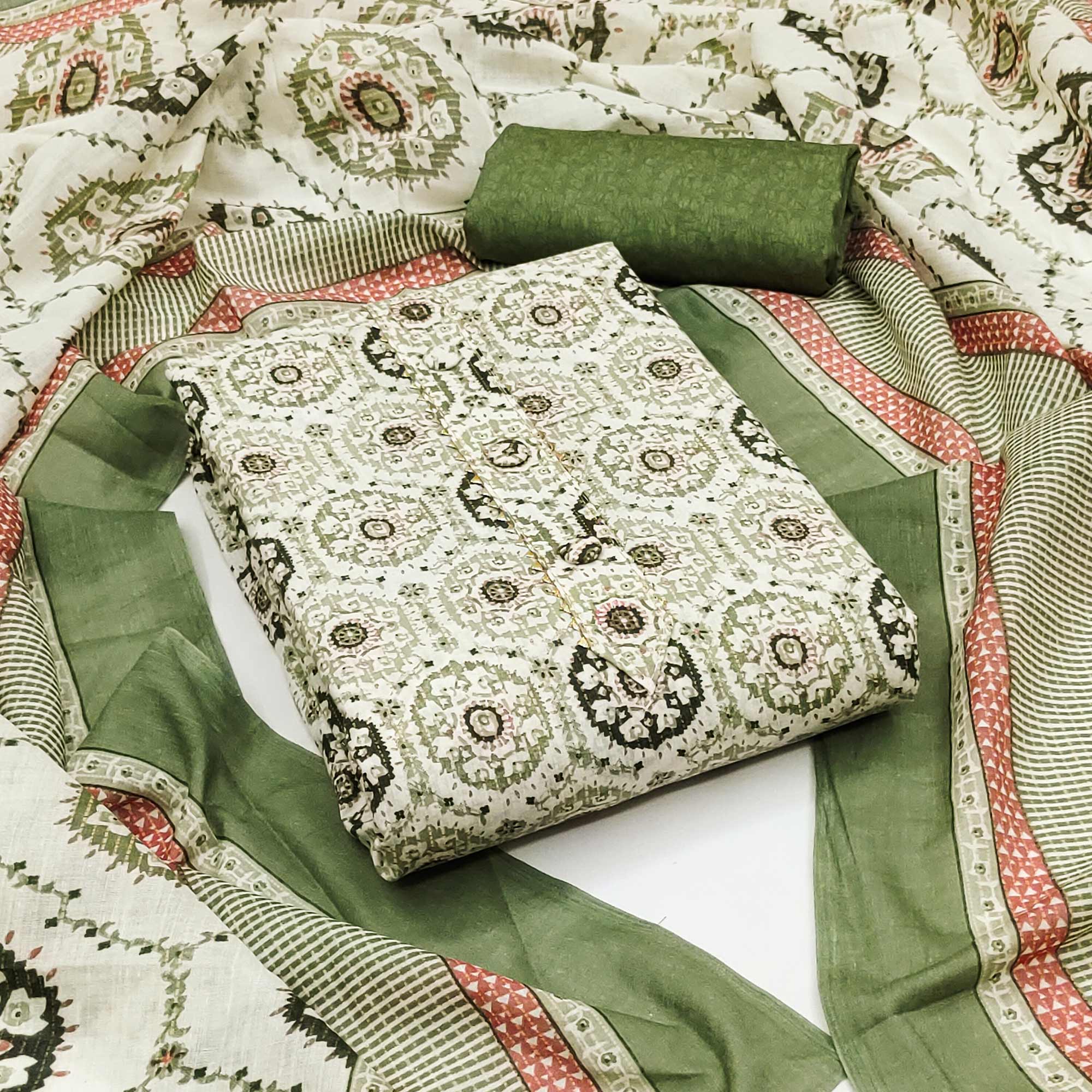Green Printed Pure Cotton Dress Material