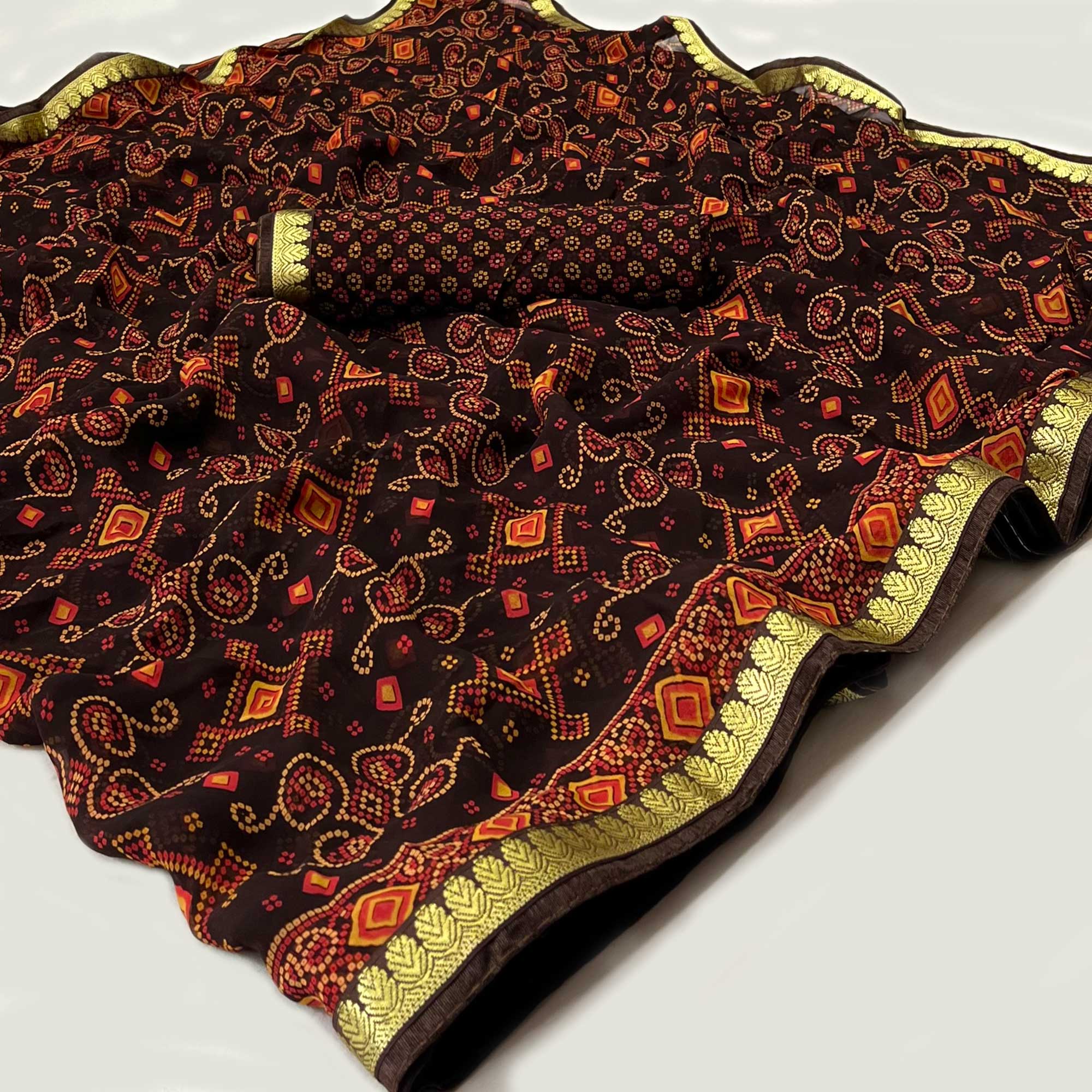 Dark Brown Bandhani Printed Georgette Saree With Designer Border