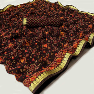 Dark Brown Bandhani Printed Georgette Saree With Designer Border
