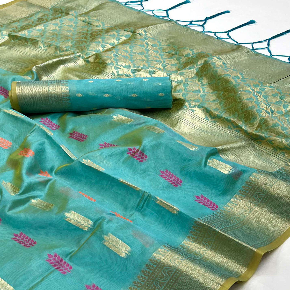 Blue Floral Woven Organza Saree