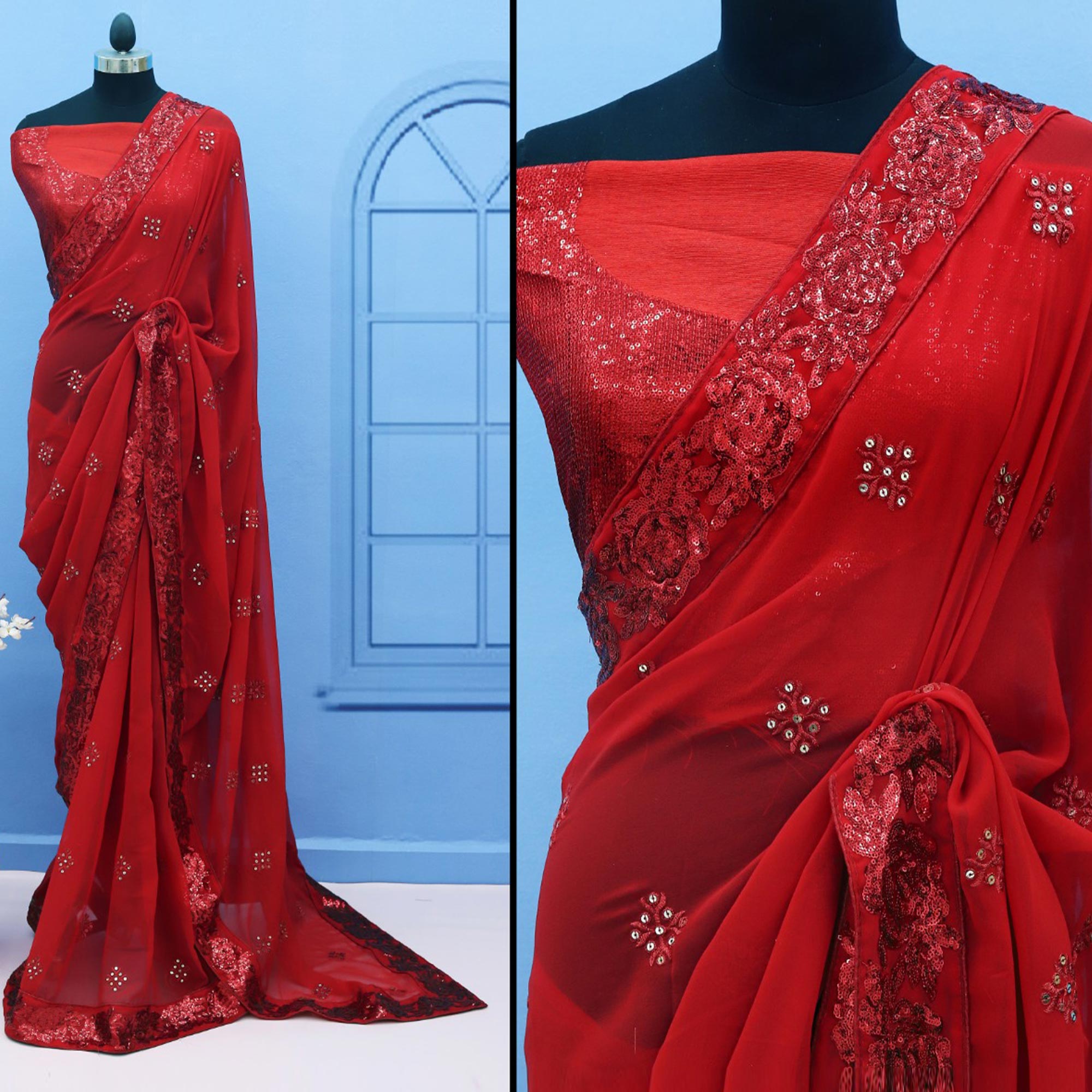 Red Sequins Emroidered Georgette Saree