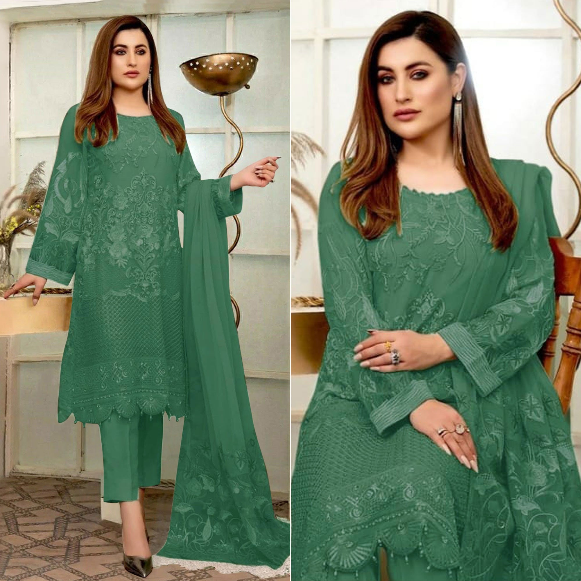 Dark Green Lucknowi Embroidered Georgette Pakistani Suit