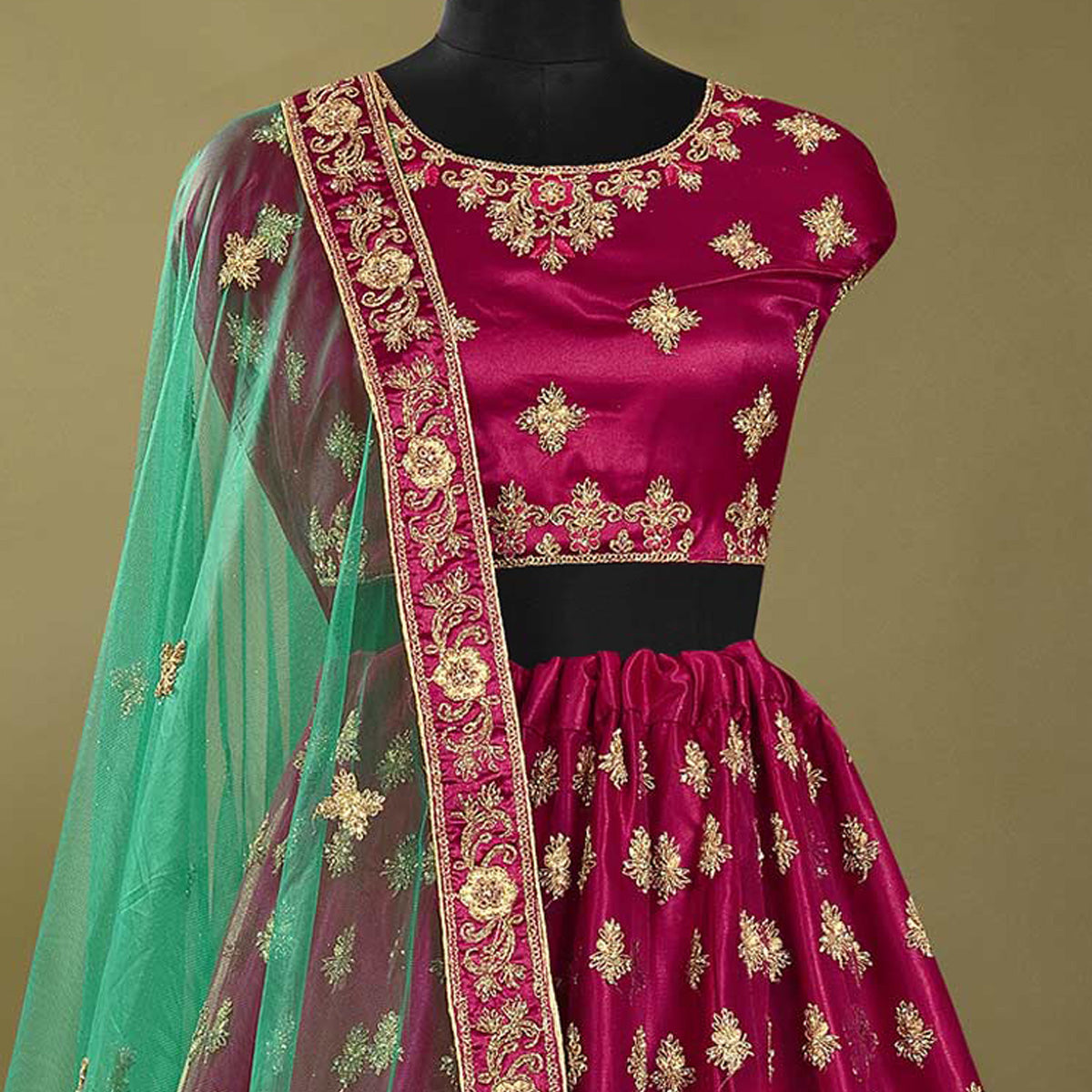 Magenta Pink Floral Embroidered Net Lehenga Choli