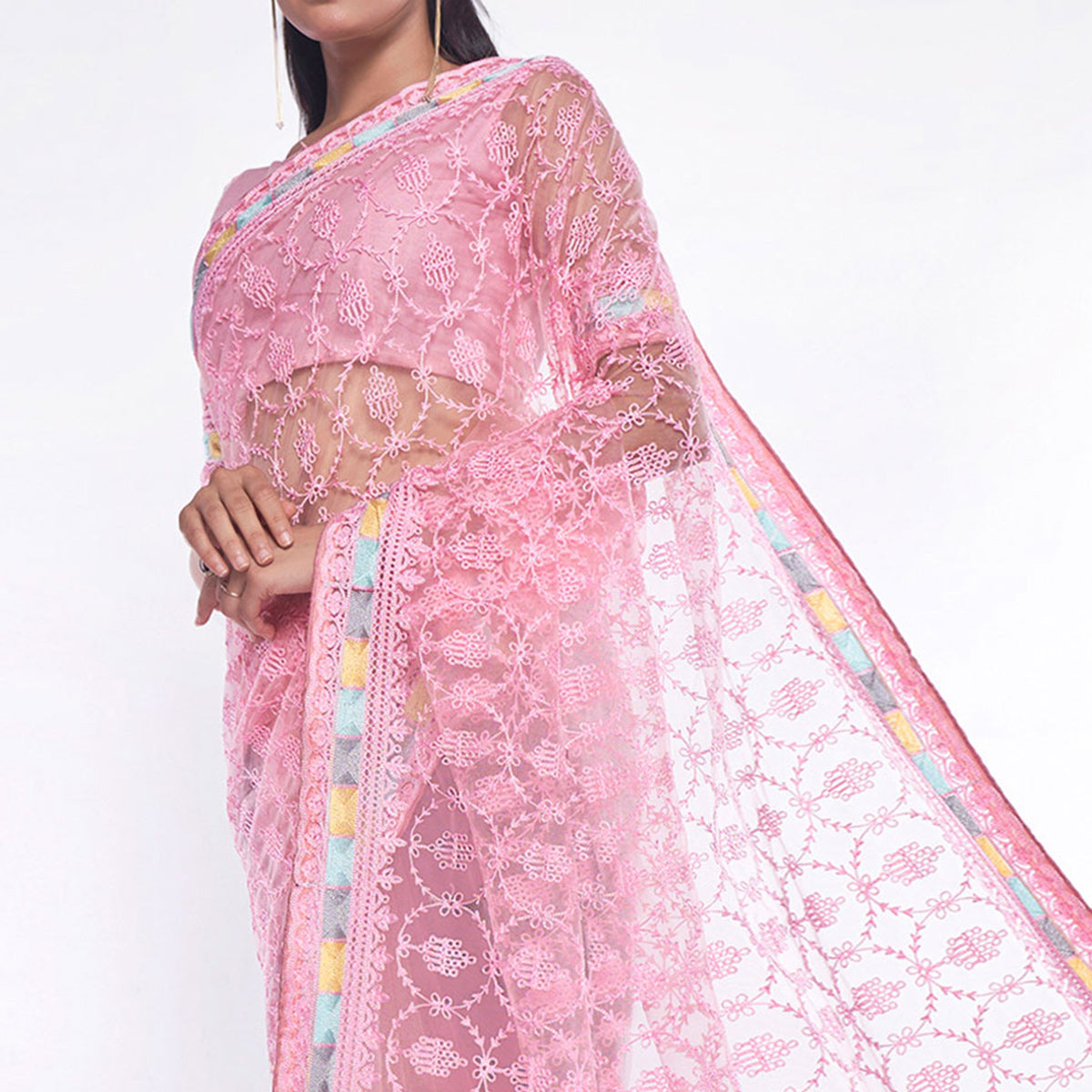 Pink Embroidered Soft Net Saree