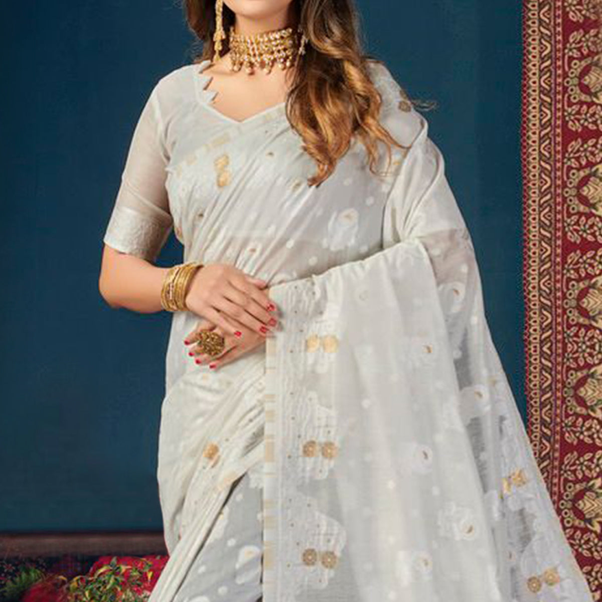 White Woven Cotton Blend Saree With Tassels