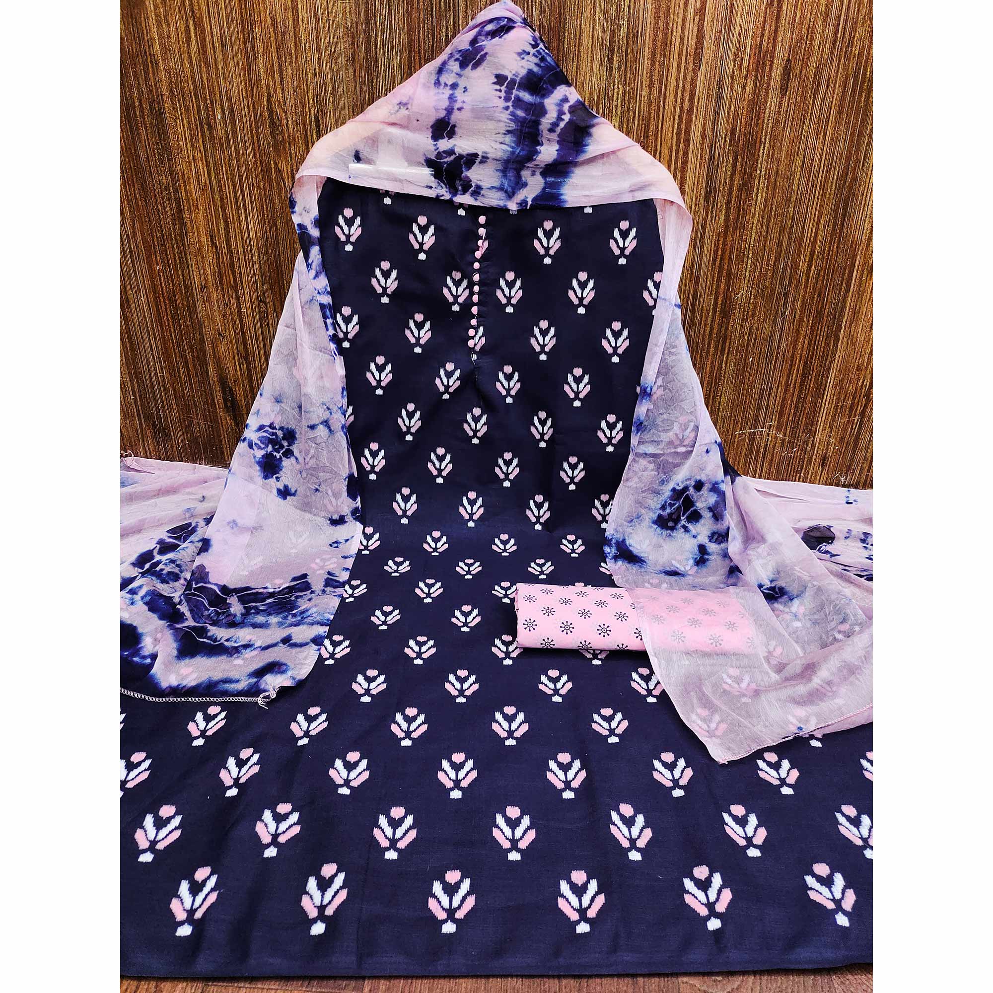 Navy Blue Ikkat Printed Cotton Blend Dress Material