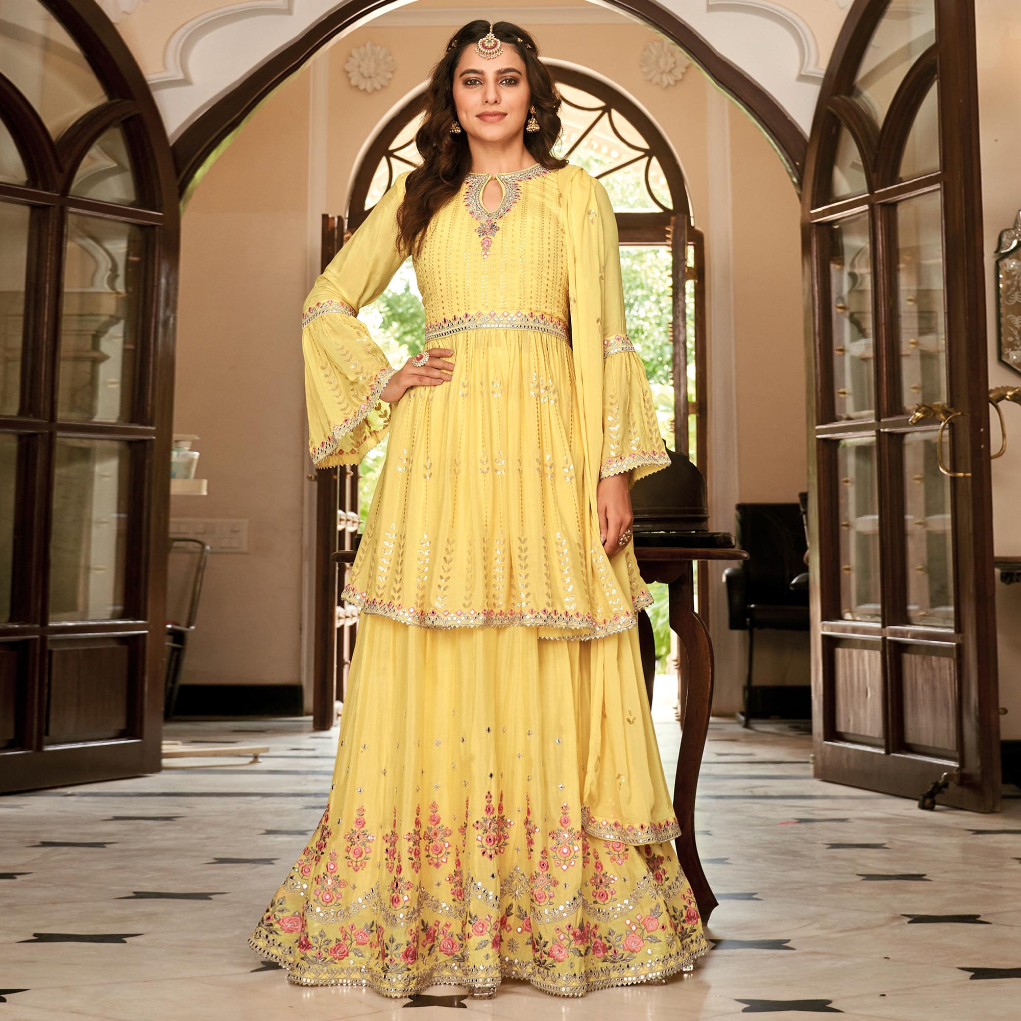 Yellow Floral Sequins Embroidered Chiffon Semi Stitched Sharara Suit