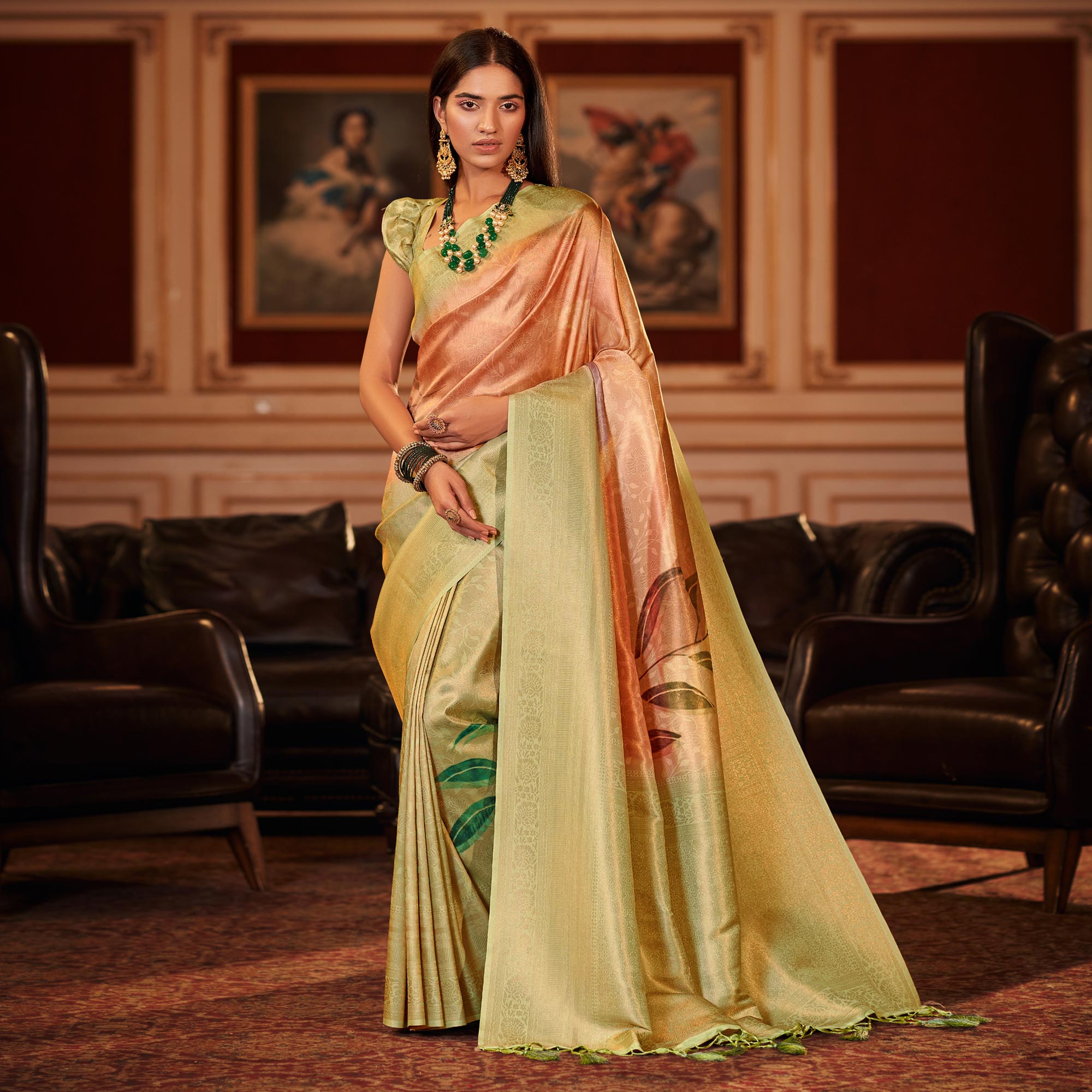 Peach & Pista Green Woven Jacquard Saree With Tassels