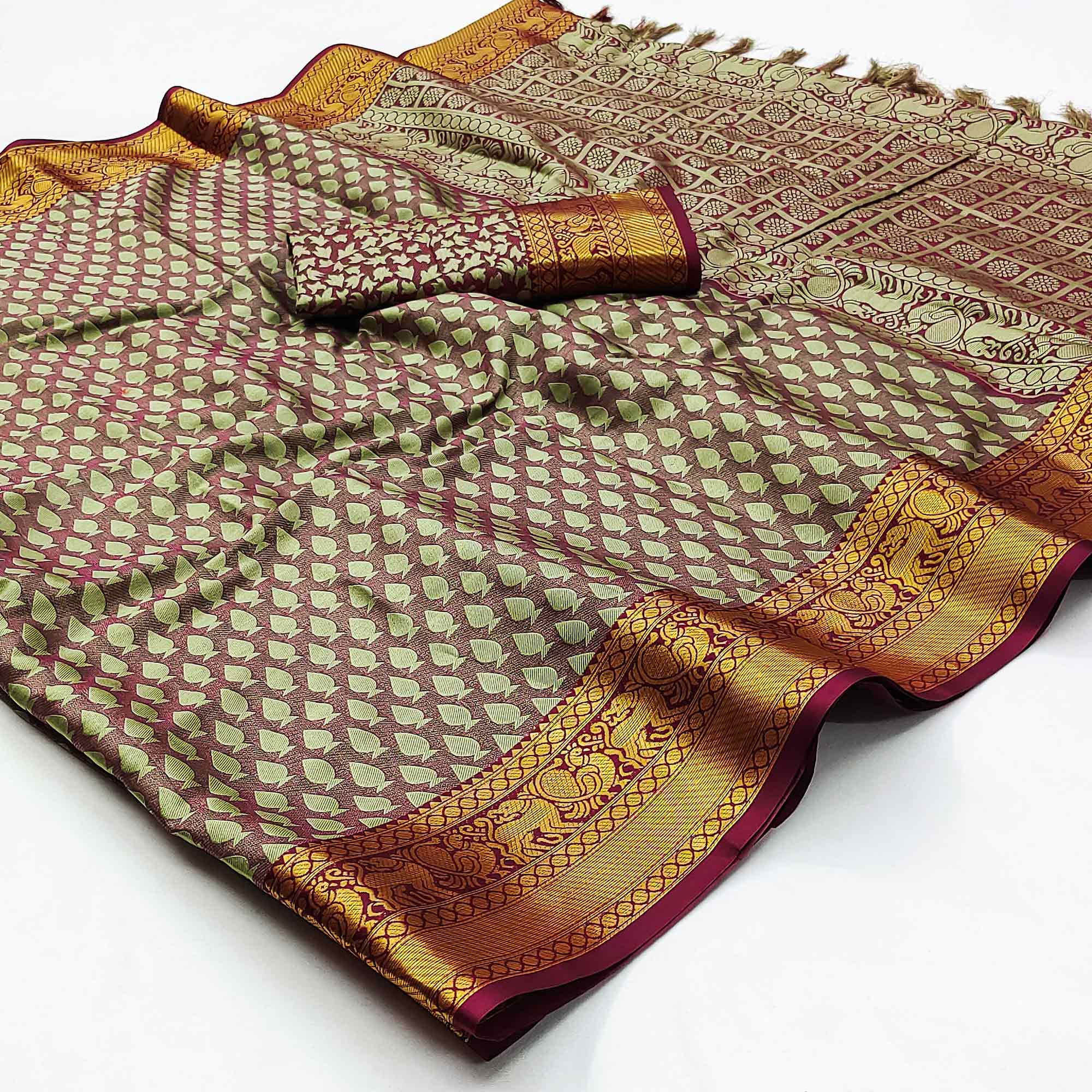 Green Woven Cotton Silk Saree With Tassels