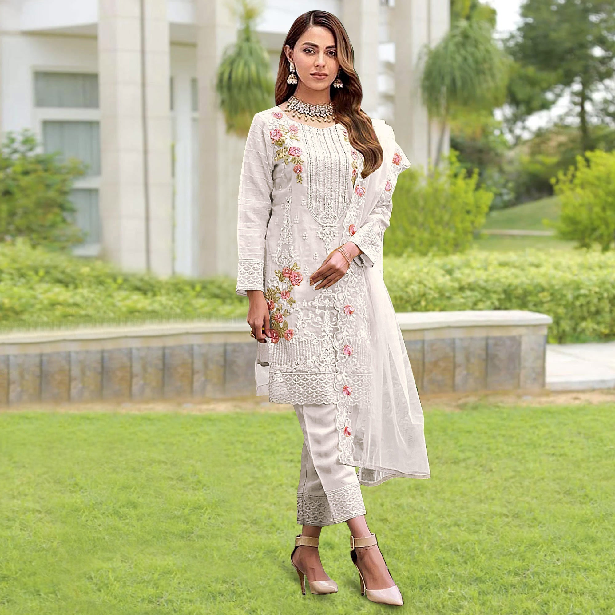 White Floral Embroidered Organza Pakistani Suit