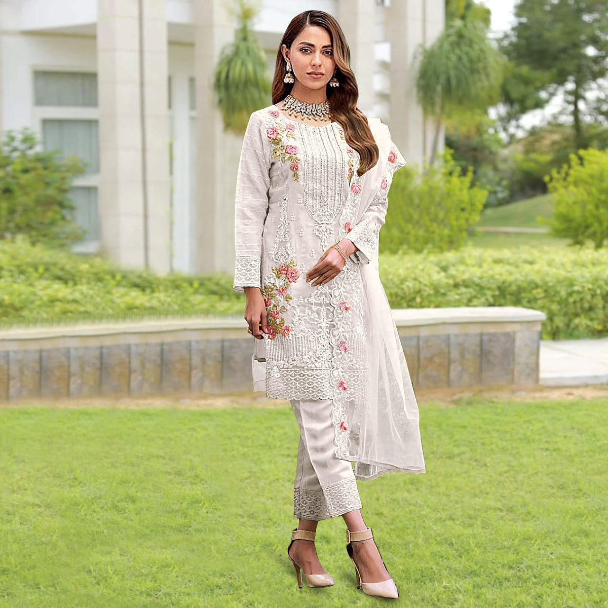 white organza dress pakistani Stitched Embroidered White Organza Dress