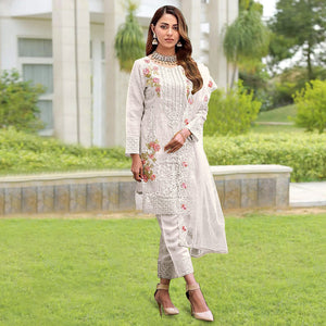 White Floral Embroidered Organza Pakistani Suit