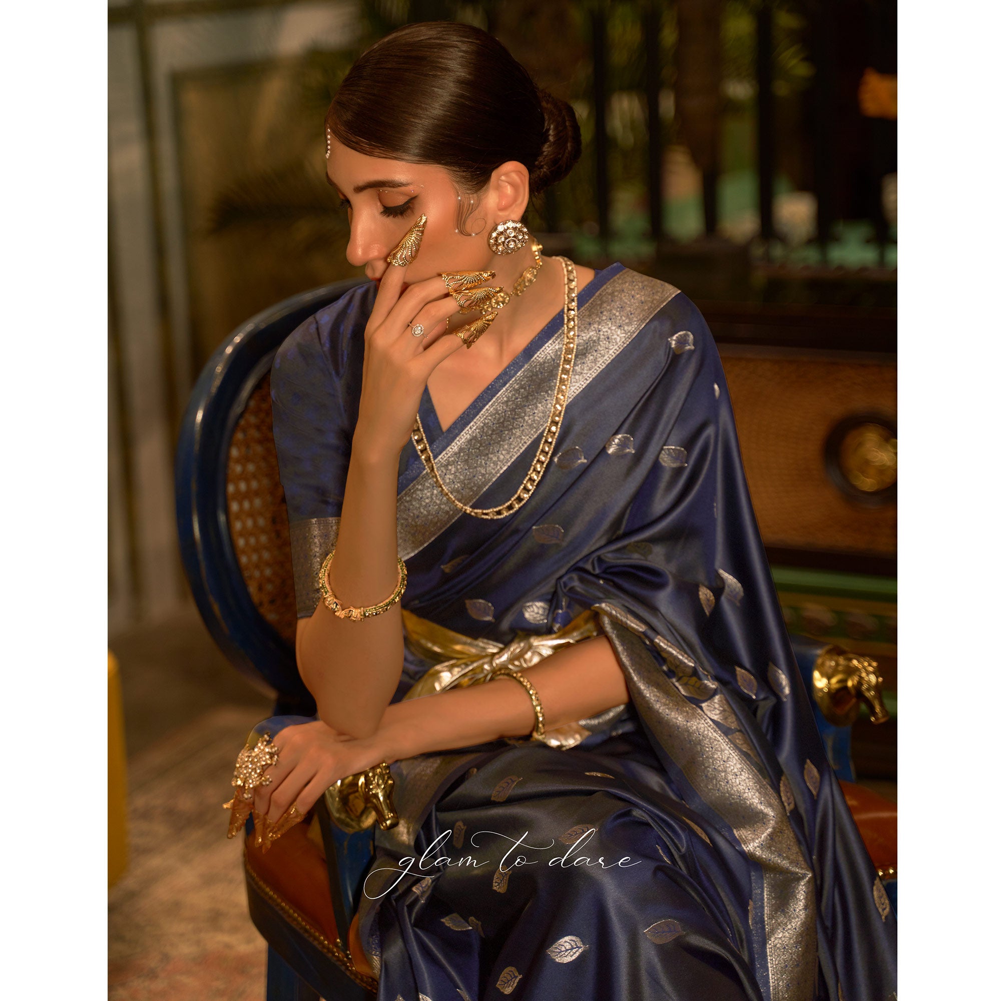 Navy Blue Woven Satin Saree With Tassels