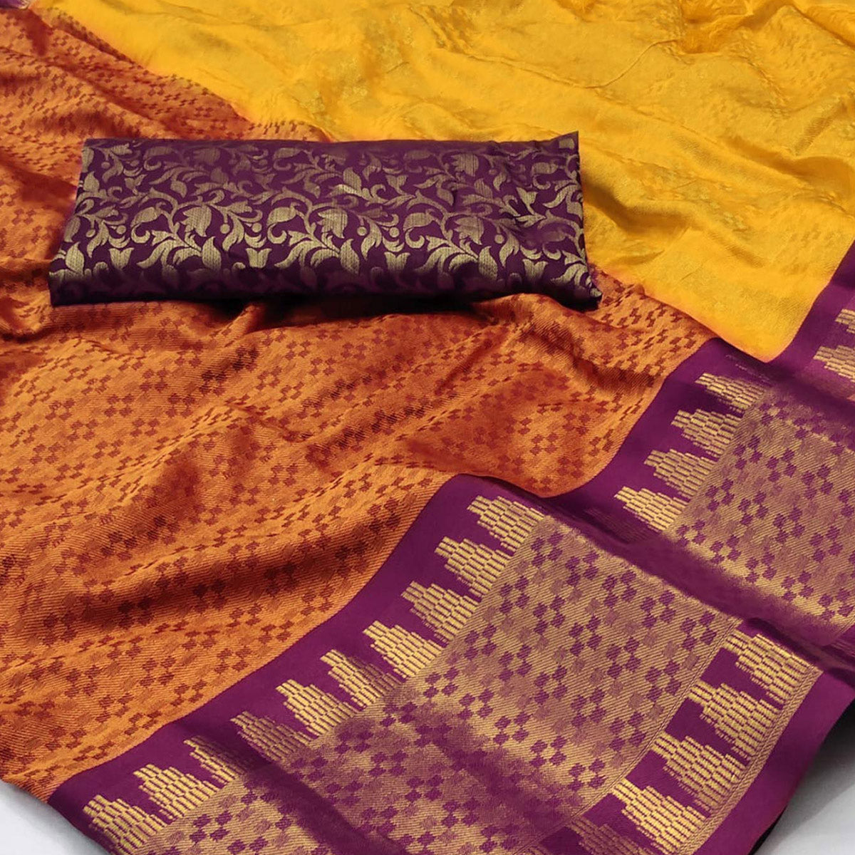 Orange Woven Cotton Silk Saree With Tassels