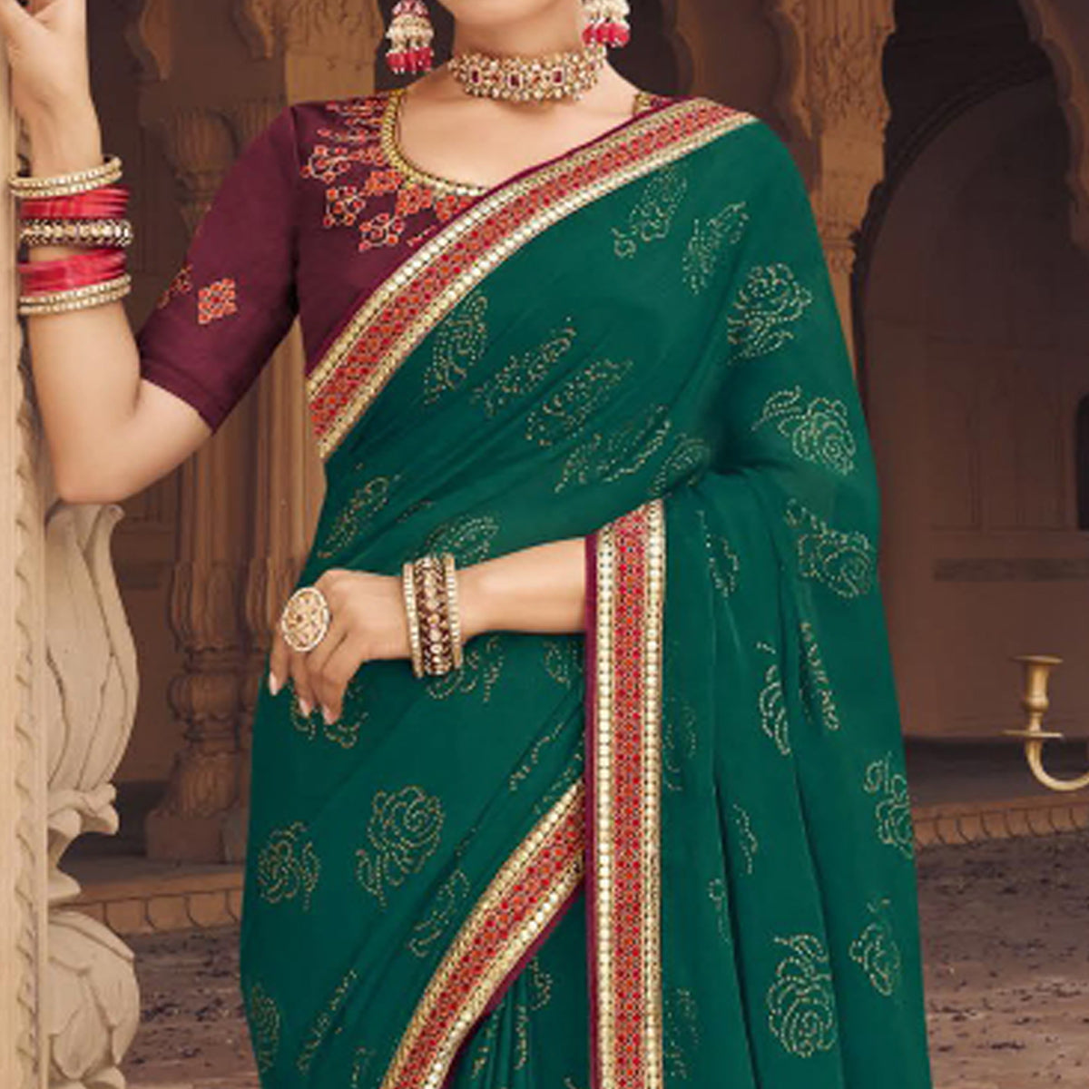 Green Embellished With Embroidered Border Satin Saree