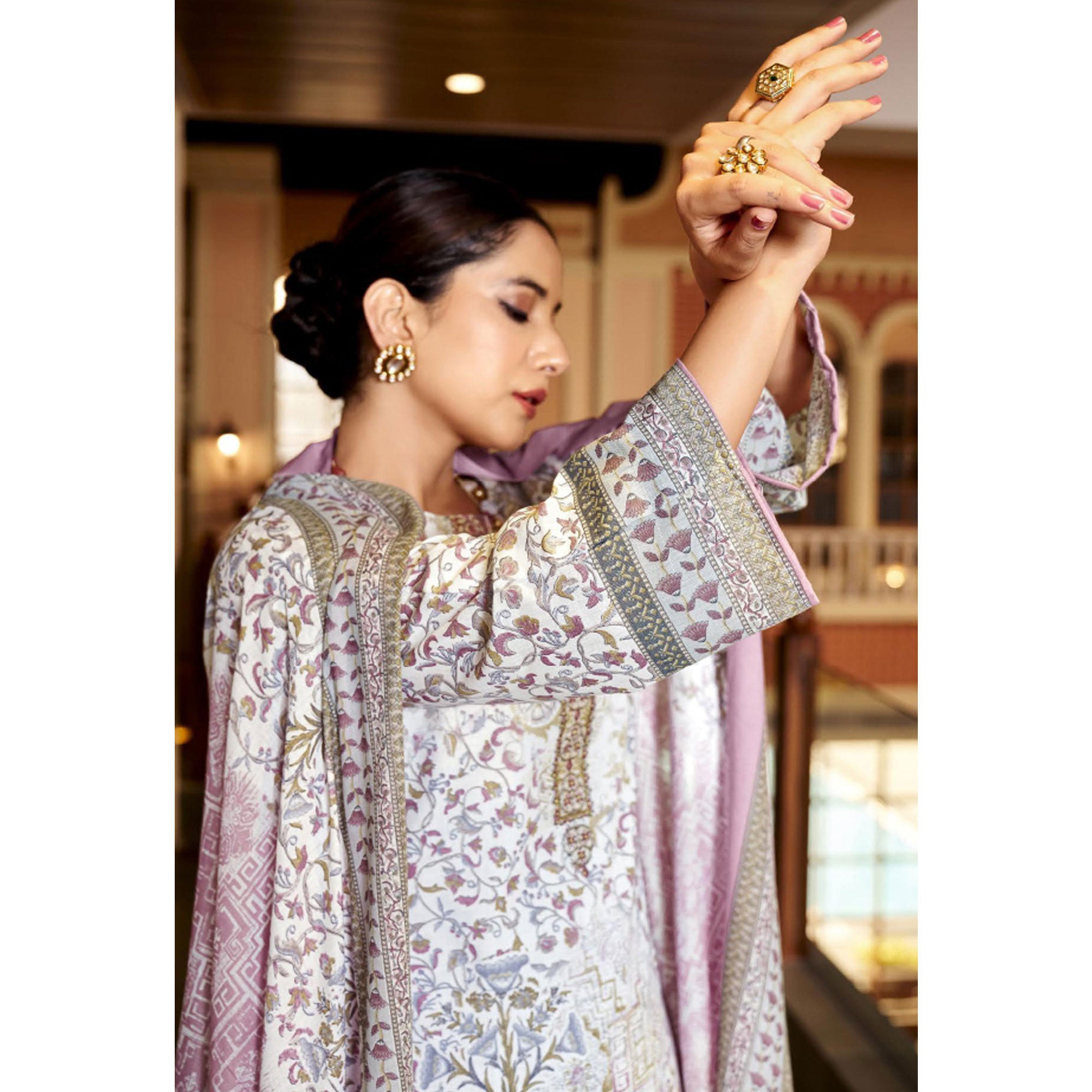 White & Purple Floral Print With Embroidered Pure Cotton Salwar Suit