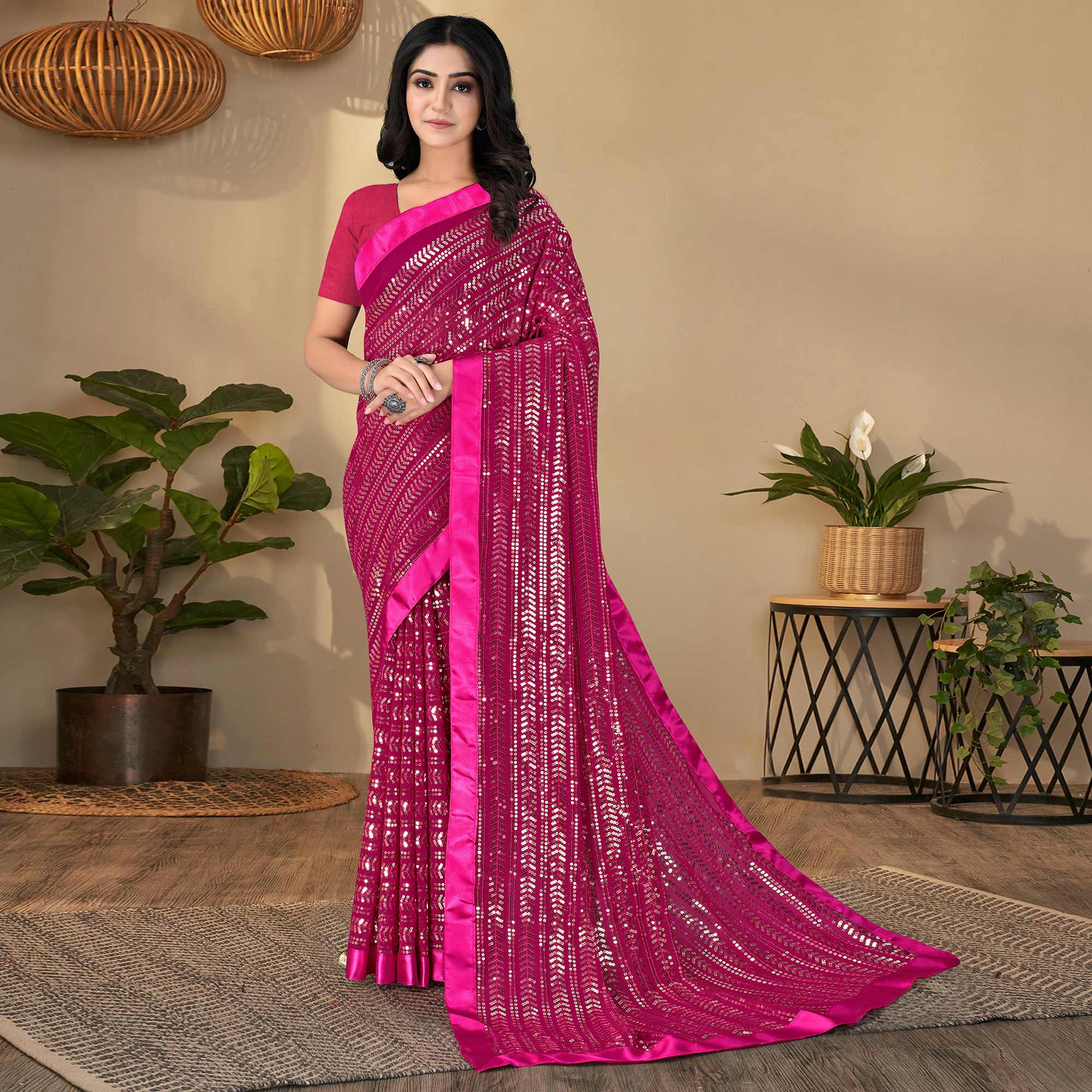 Pink Sequins Embroidered Georgette Saree