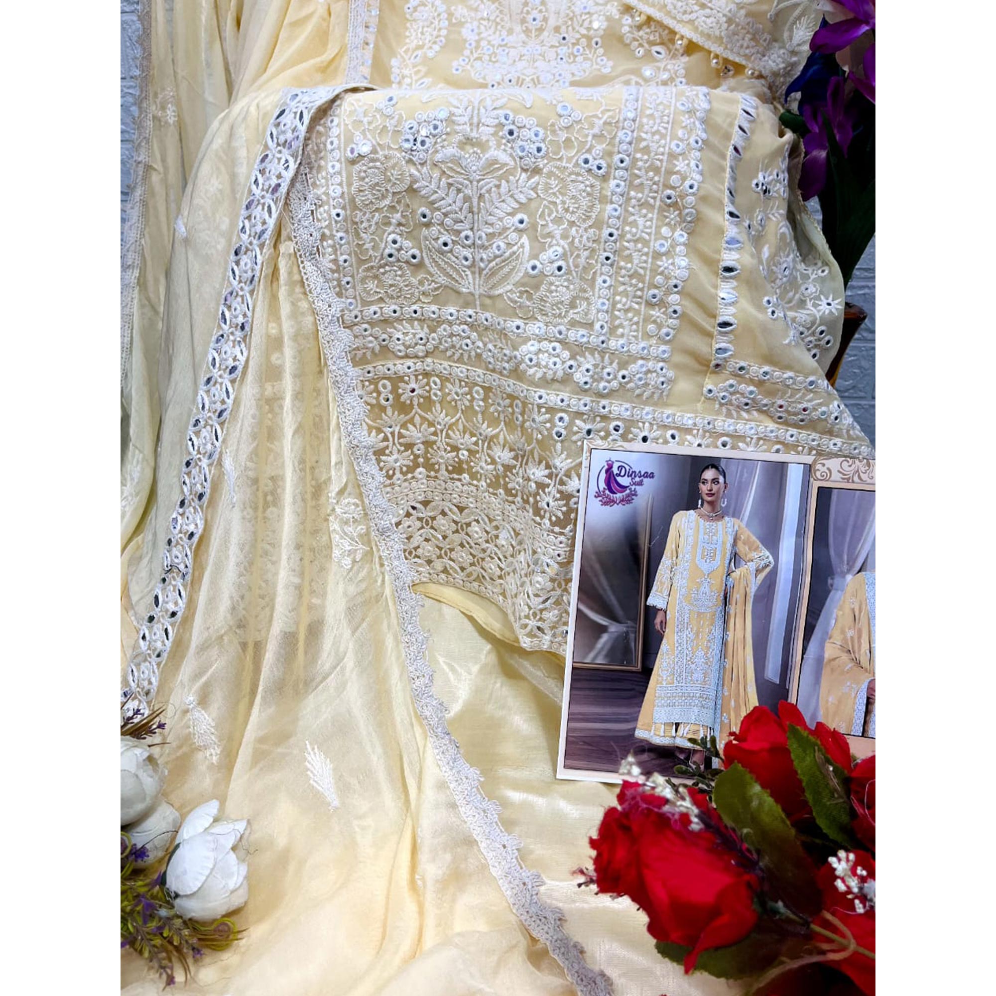 Cream Floral Embroidered Georgette Pakistani Suit