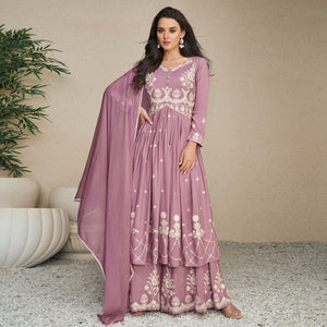 Mauve Lucknowi Embroidered Rayon Palazzo Suit