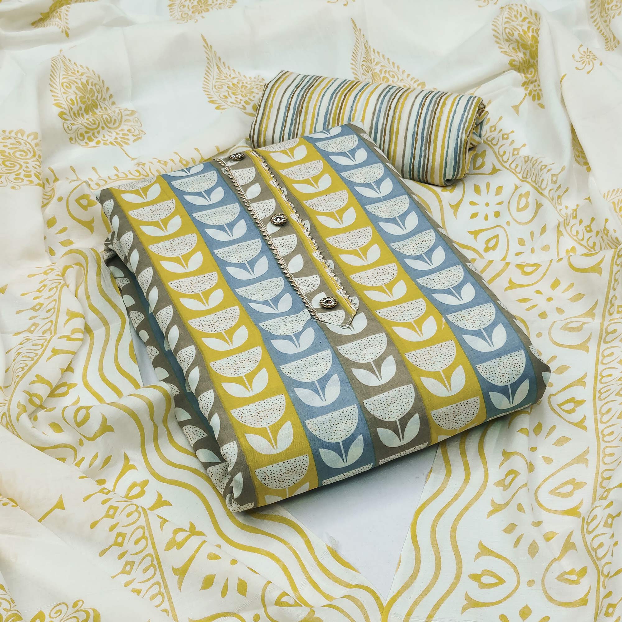 Yellow Printed Cotton Blend Dress Material