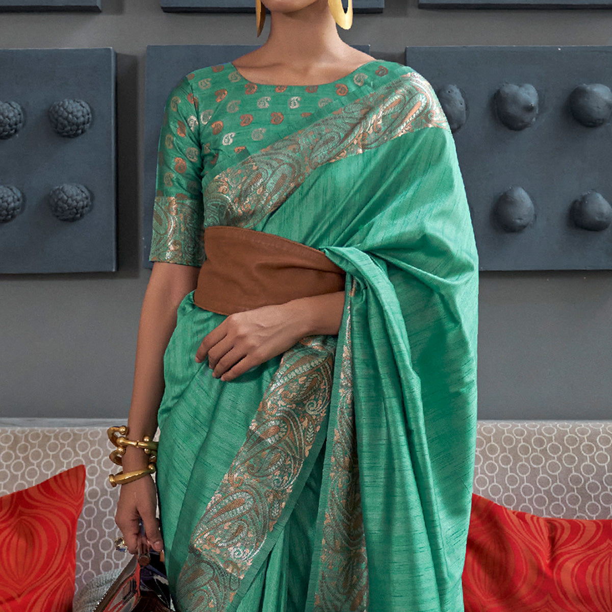 Sea Green Woven Tussar Silk Saree With Tassels