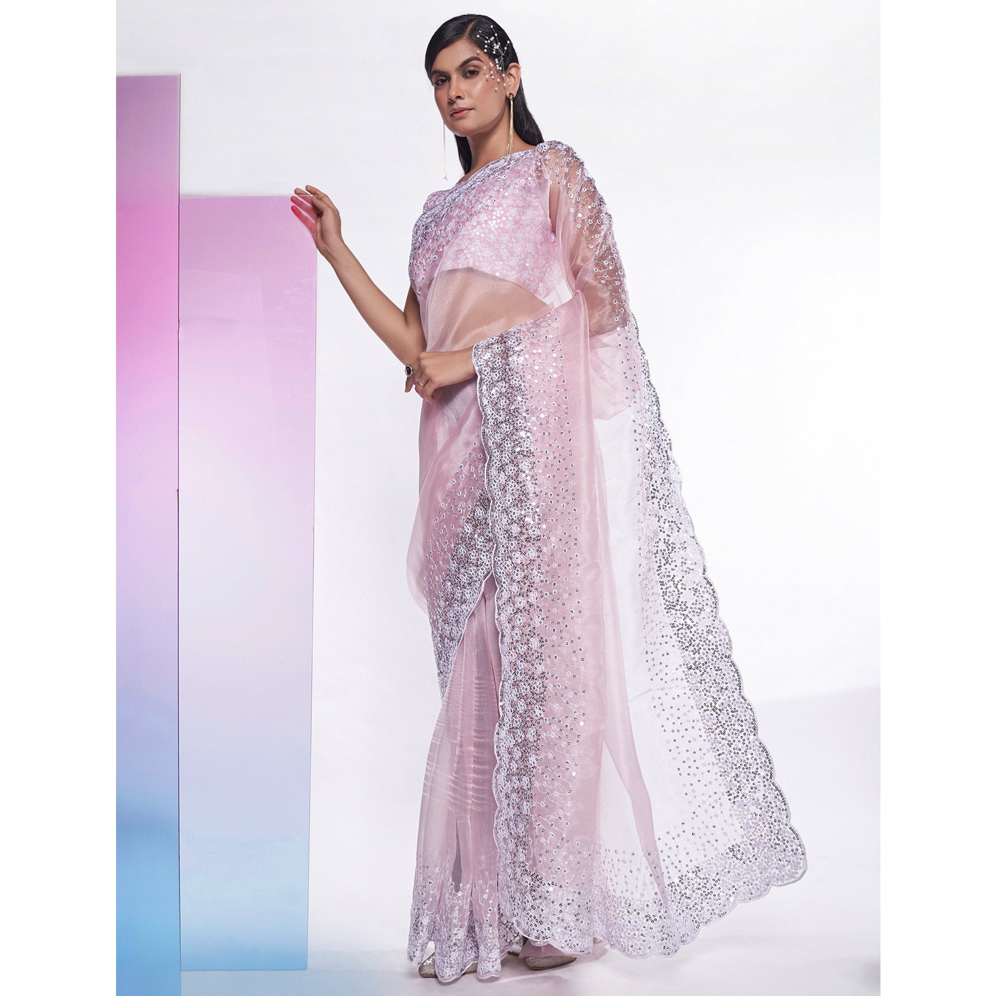 Pink Sequins Embroidered Organza Saree