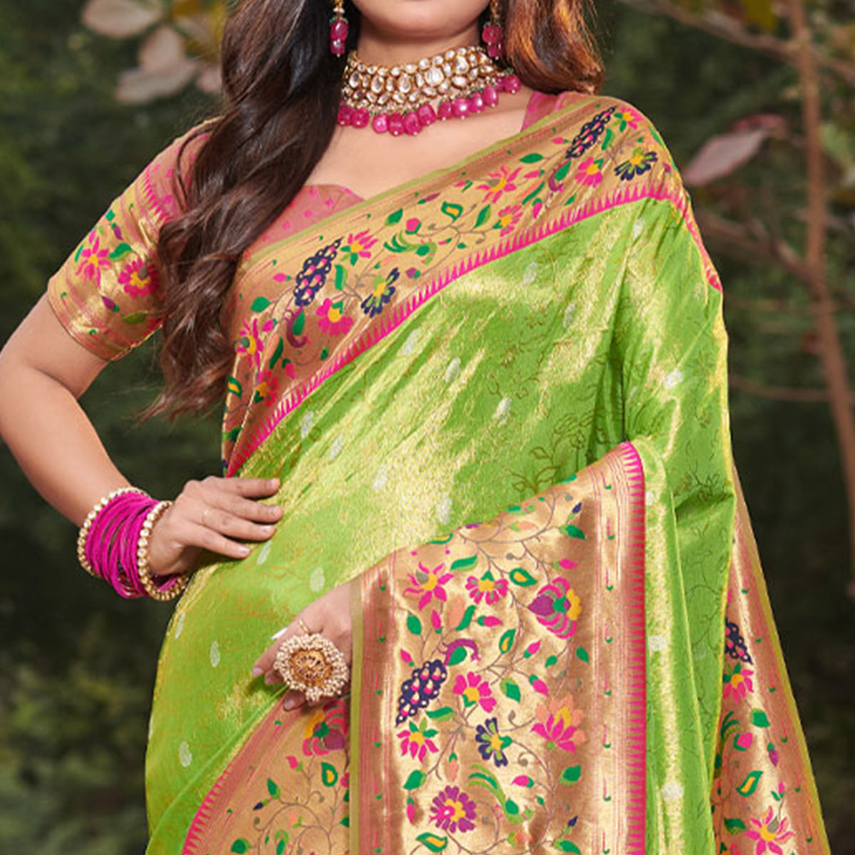 Parrot Green Handloom Paithani Tissue Silk Saree