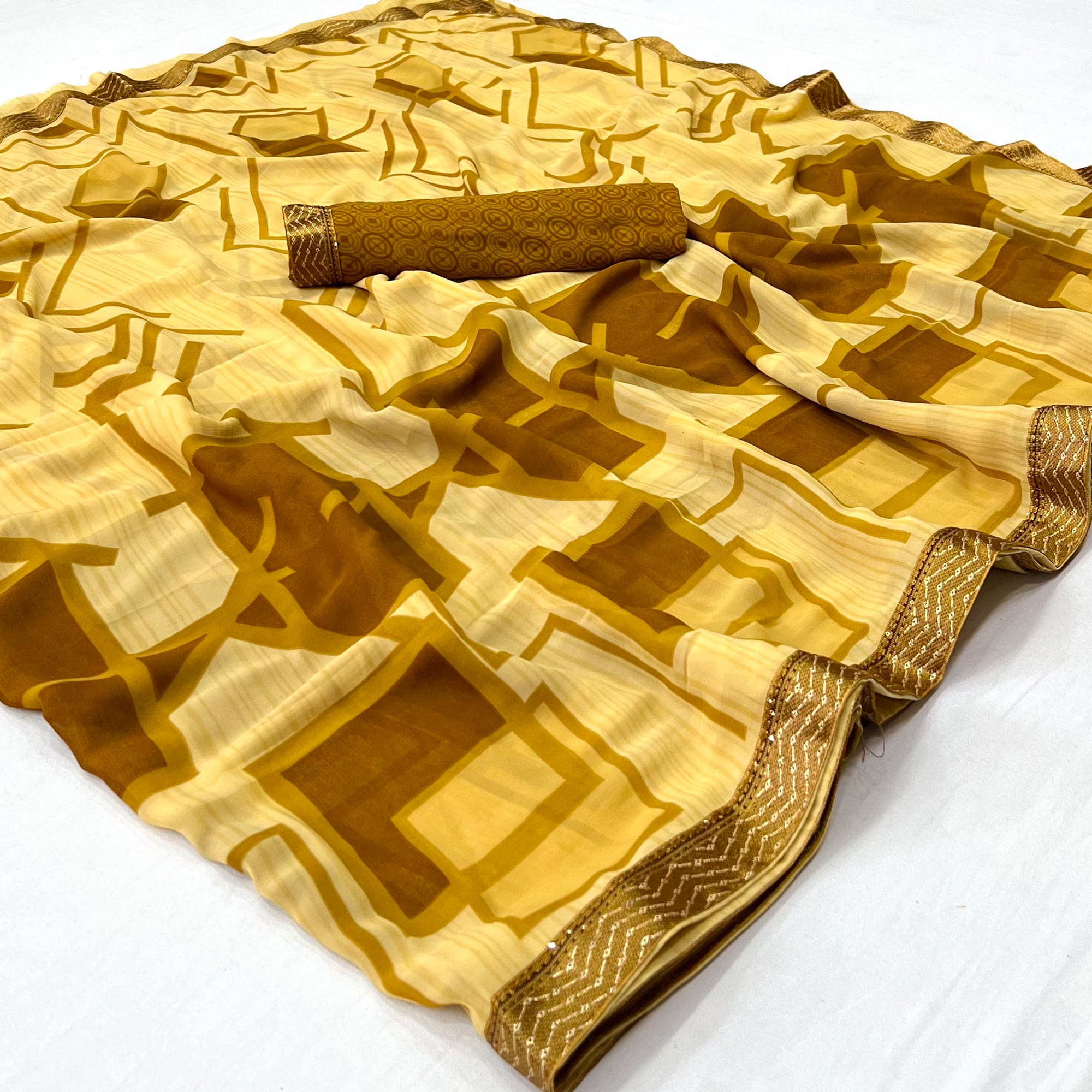 Yellow Geometric Printed Georgette Saree